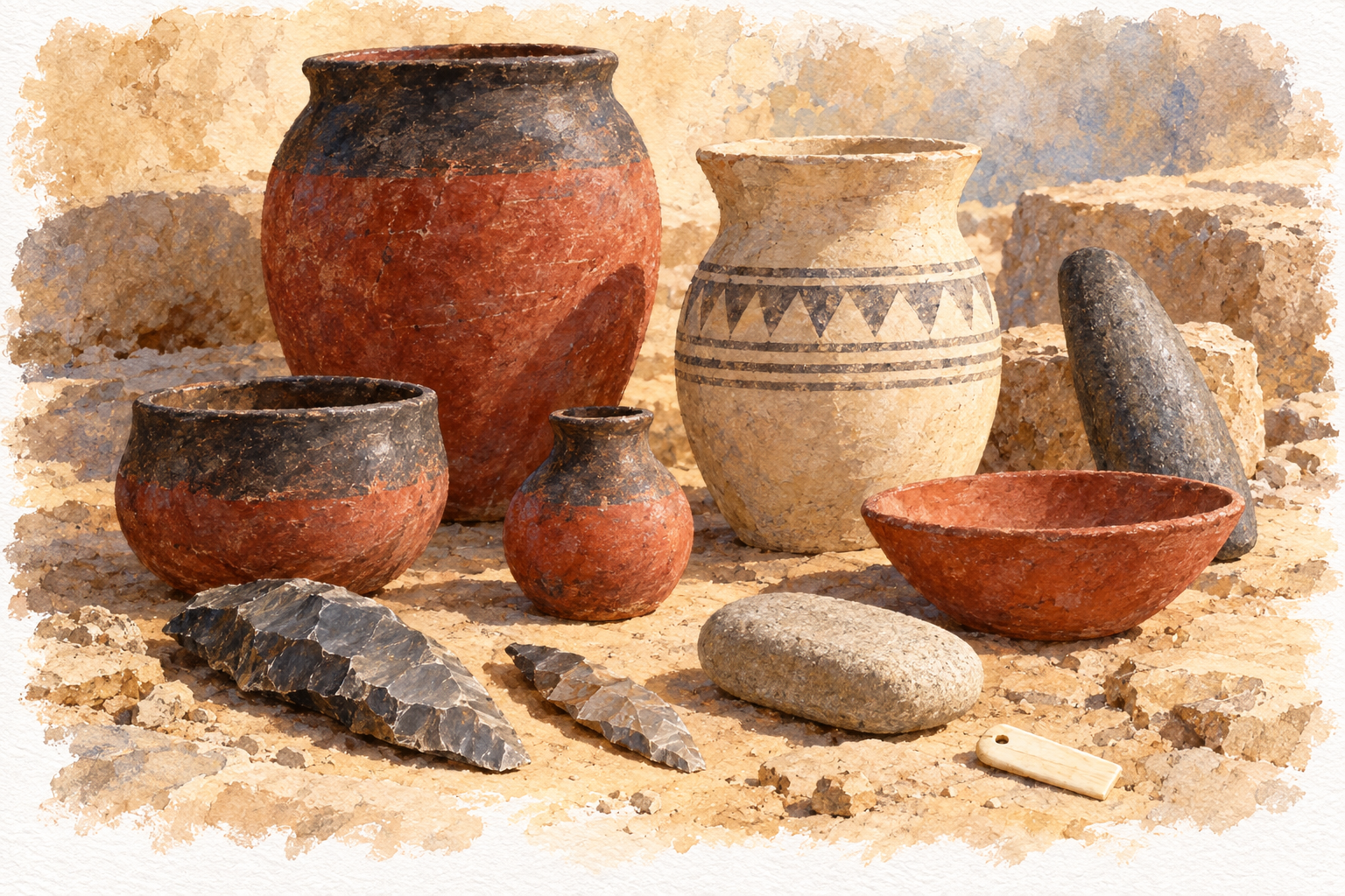 Évocation à l’aquarelle de plusieurs récipients de la période prédynastique