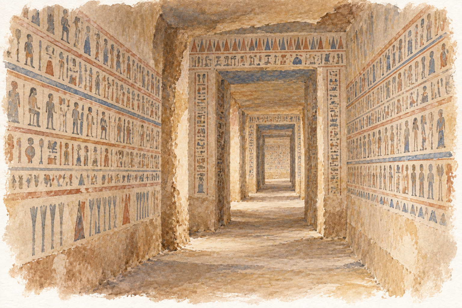 Illustration à l’aquarelle d’un couloir souterrain aux parois inscrites
