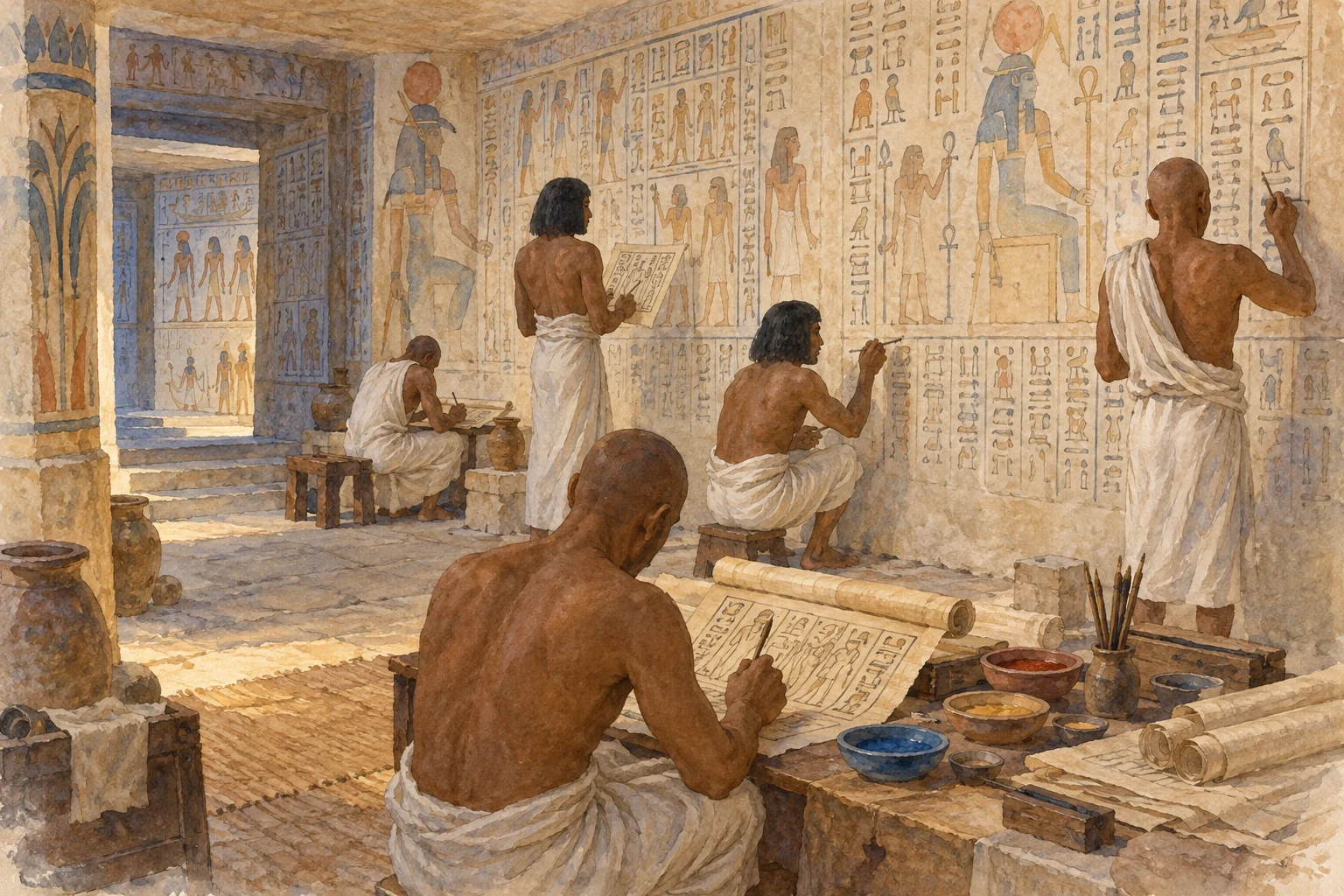 Padiamenopé — Un travail collectif de copie et de gravure, aquarelle de reconstitution