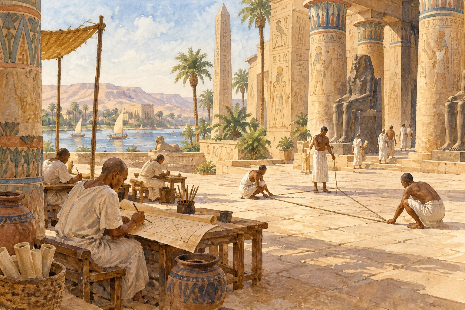 Pythagore — Savoirs égyptiens évoqués par la tradition grecque, aquarelle de reconstitution