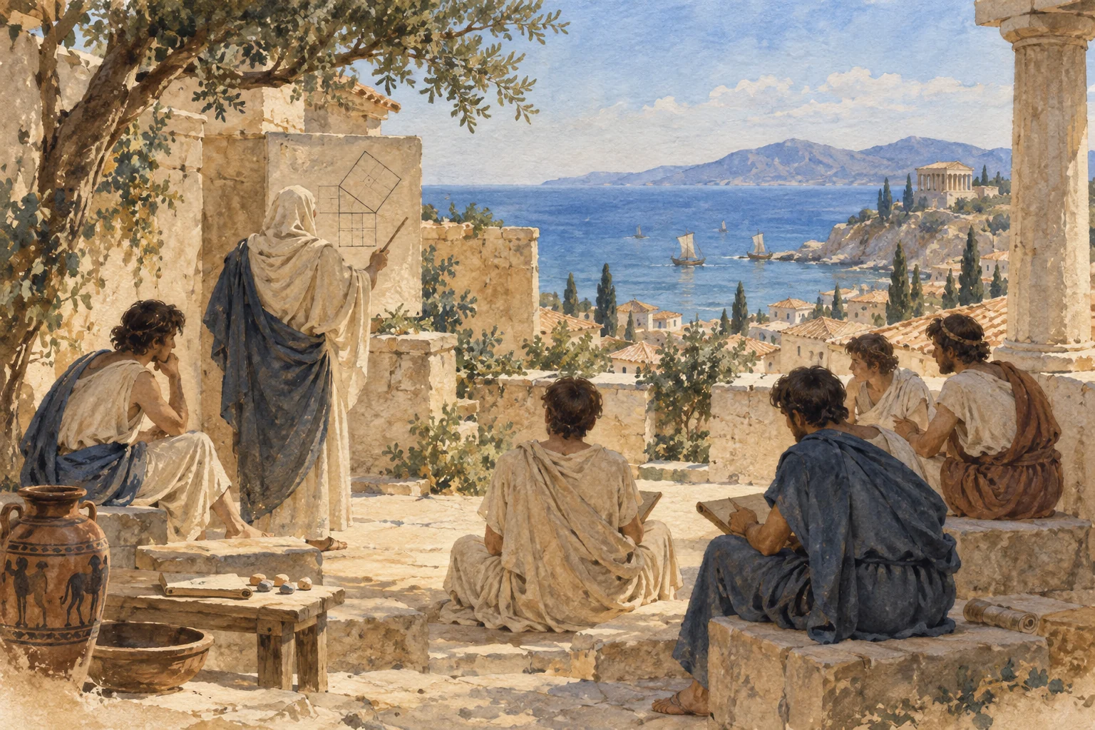 Pythagore — Transmission pythagoricienne en Italie du Sud, aquarelle de reconstitution