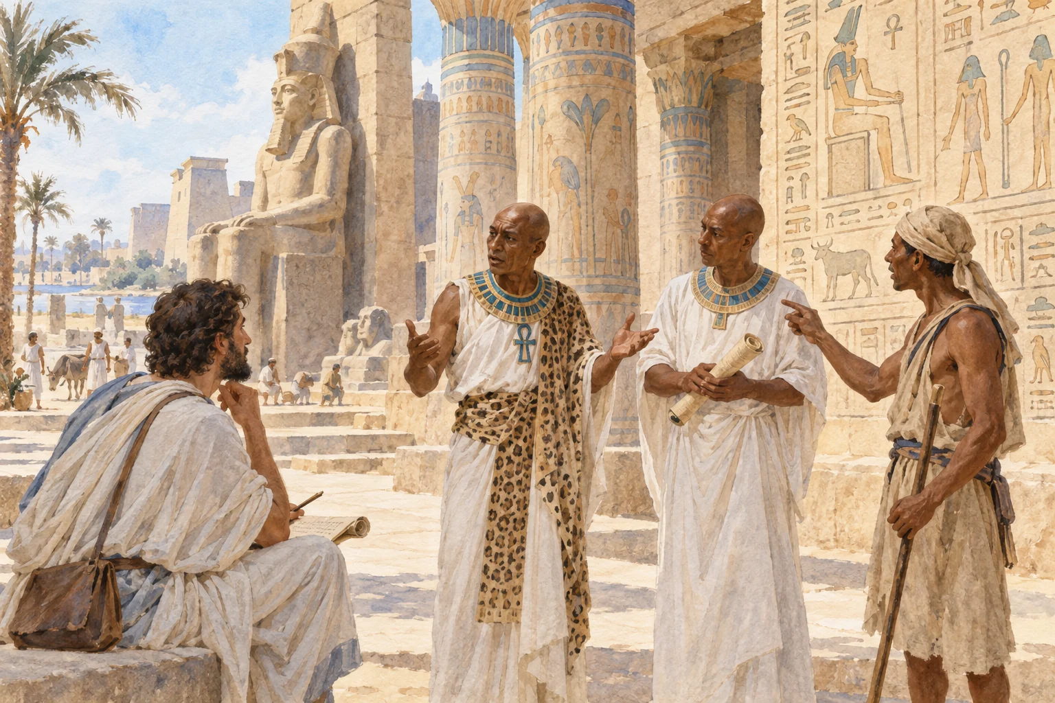 Hérodote — Interlocuteurs égyptiens de l’enquête grecque, aquarelle de reconstitution