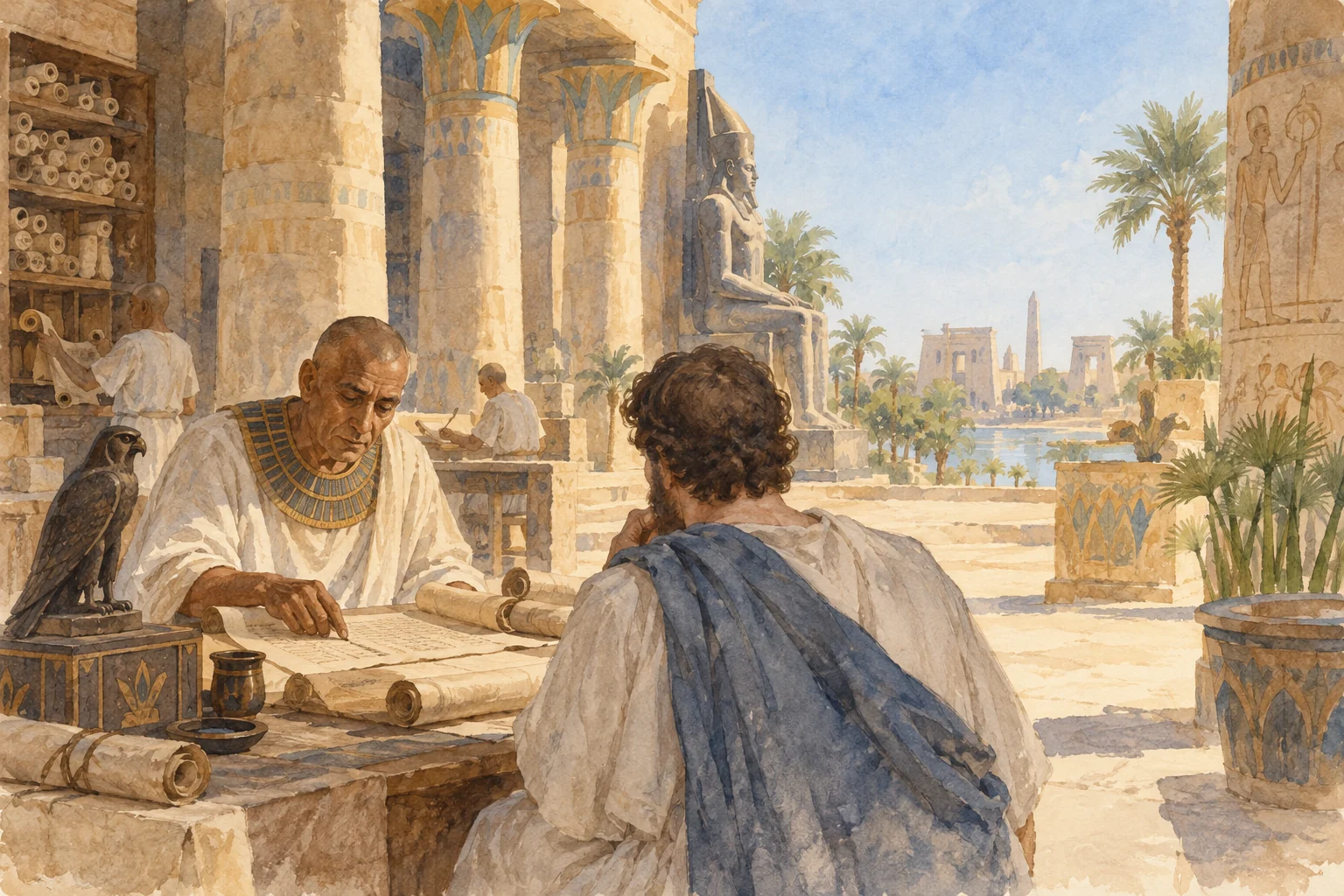 Platon — La scène de Saïs dans le récit du Timée, aquarelle de reconstitution