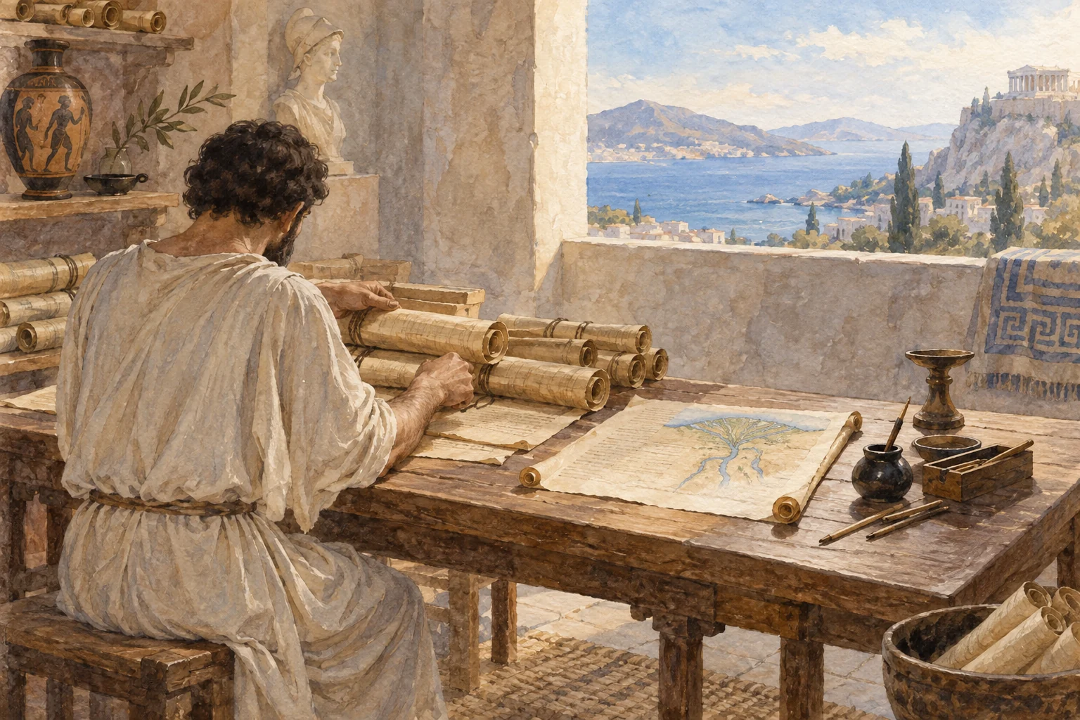 Platon — Écriture et transmission des dialogues, aquarelle de reconstitution