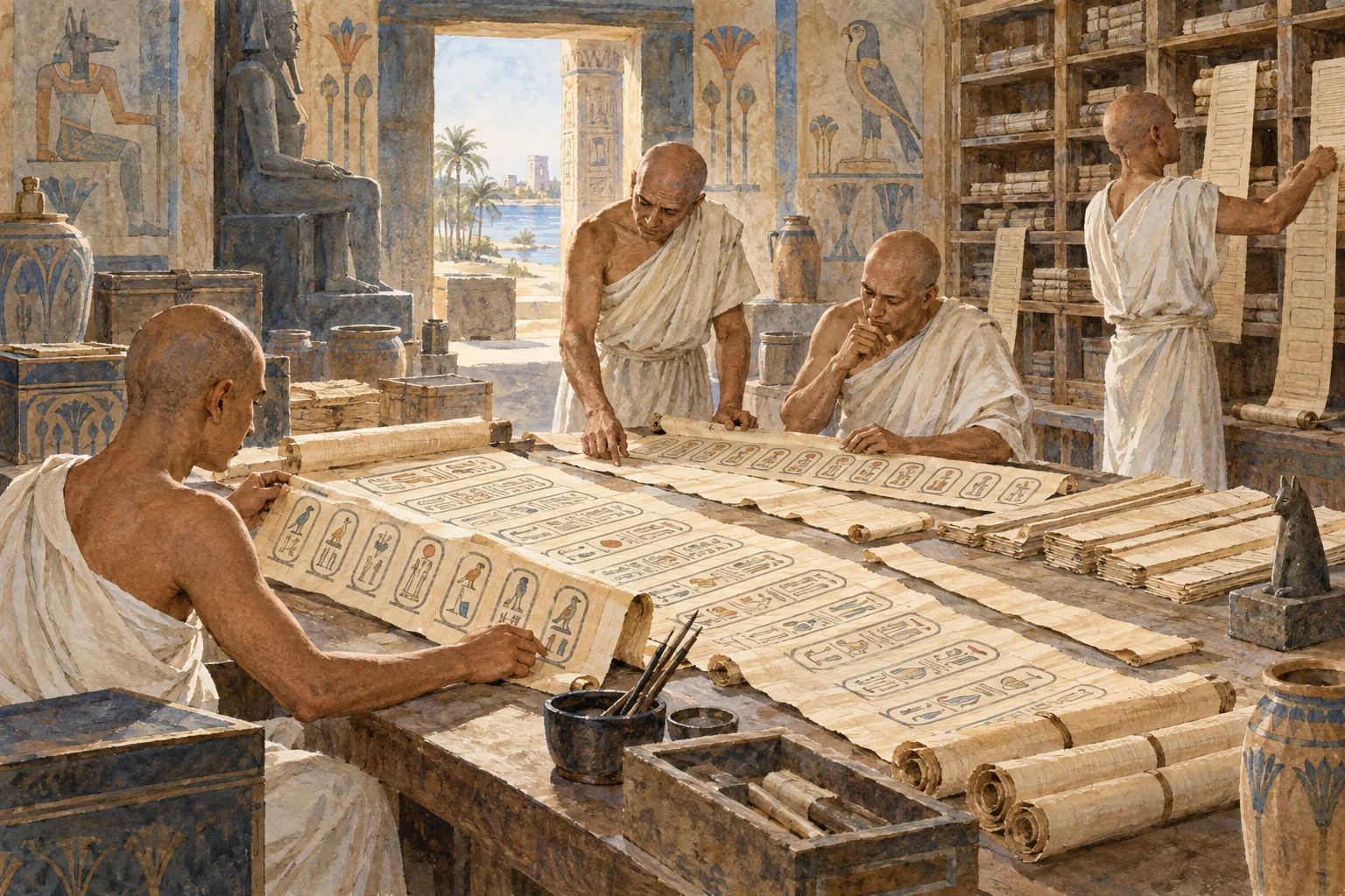 Manéthon — Classement des listes royales, aquarelle de reconstitution