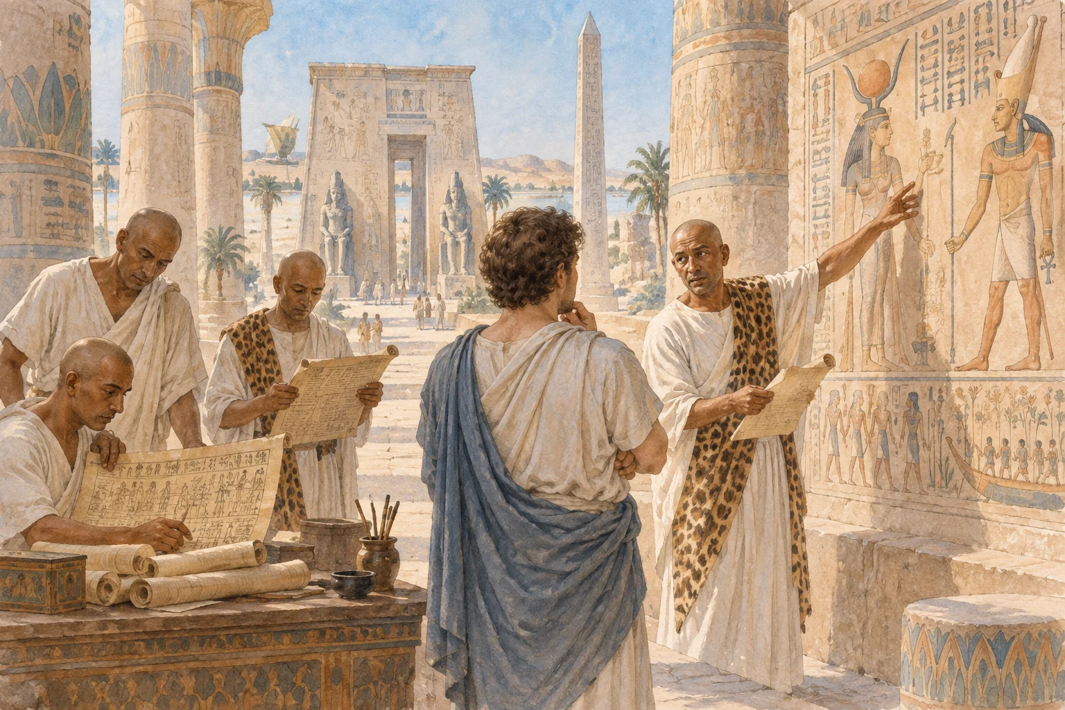 Diodore de Sicile — Savoirs transmis par des interlocuteurs égyptiens, aquarelle de reconstitution