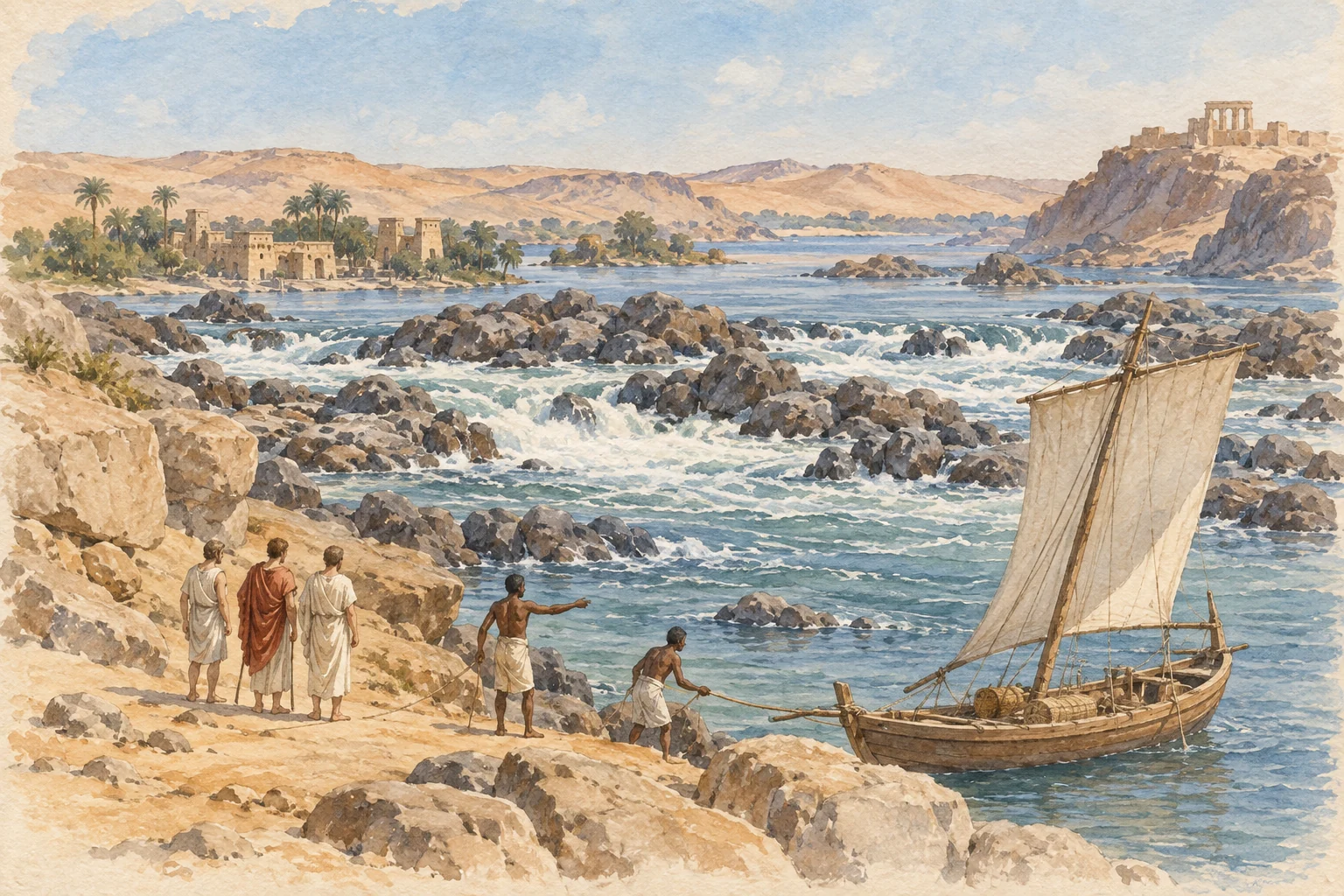 Strabon — La région des cataractes près de Syène, aquarelle de reconstitution