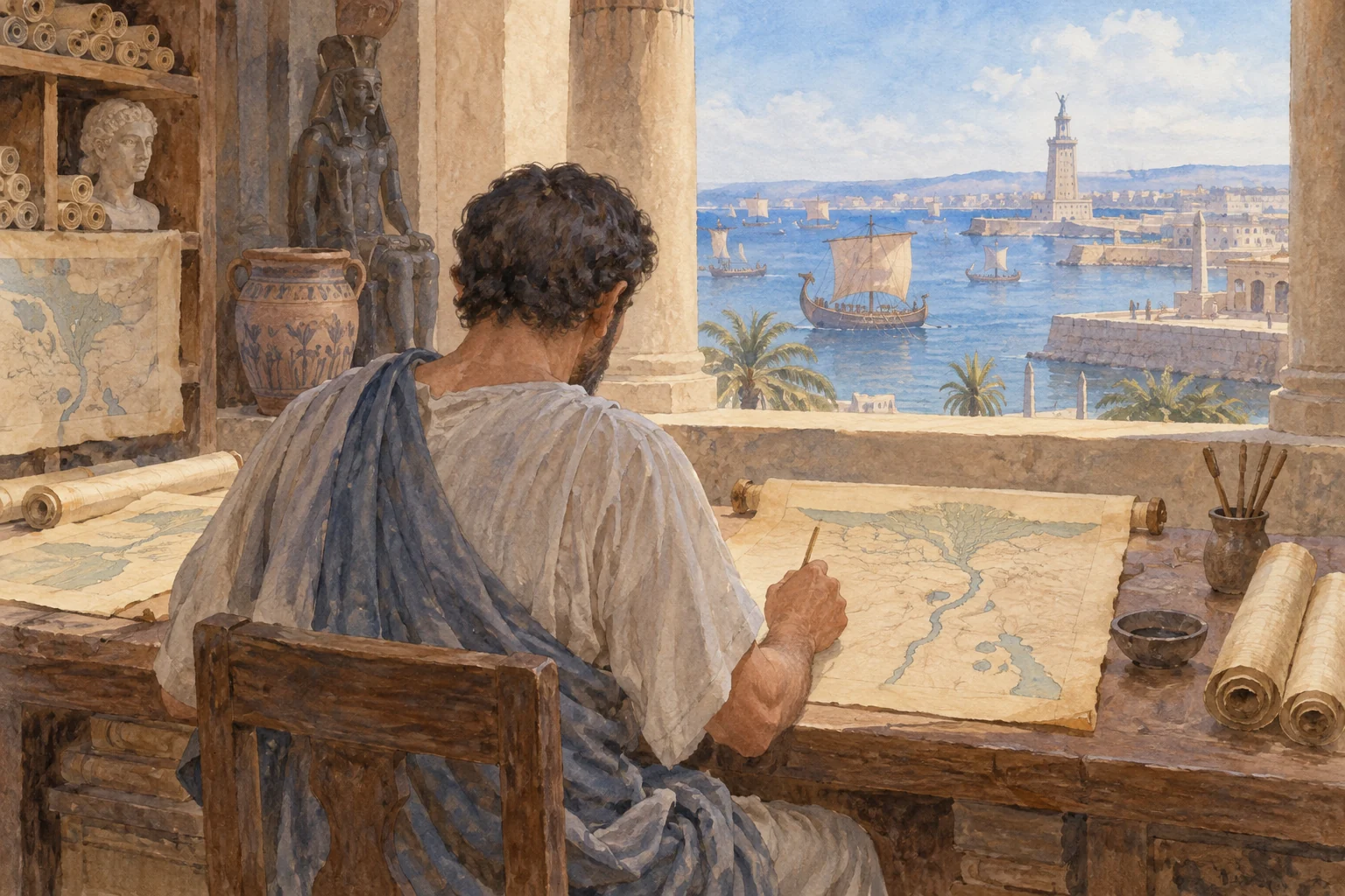 Strabon — Mise en ordre des observations dans la Géographie, aquarelle de reconstitution