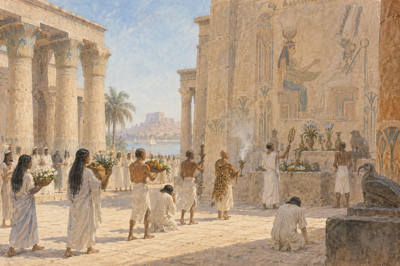 Plutarque — Traditions religieuses égyptiennes, aquarelle de reconstitution