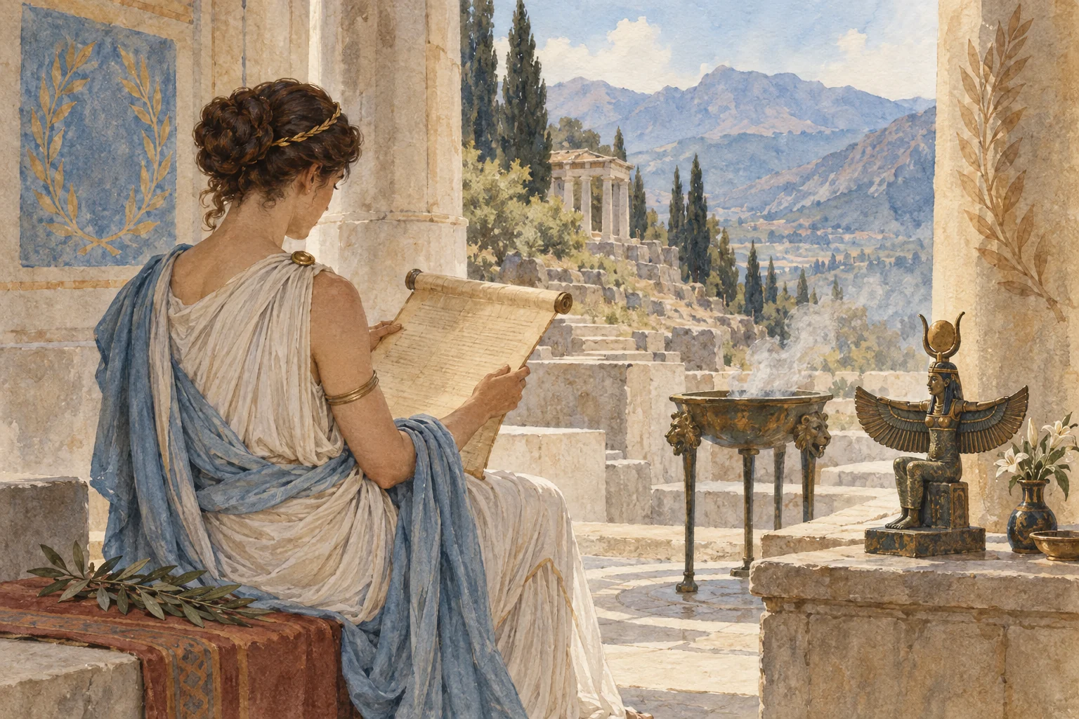Plutarque — Cléa et la réception grecque des rites égyptiens, aquarelle de reconstitution