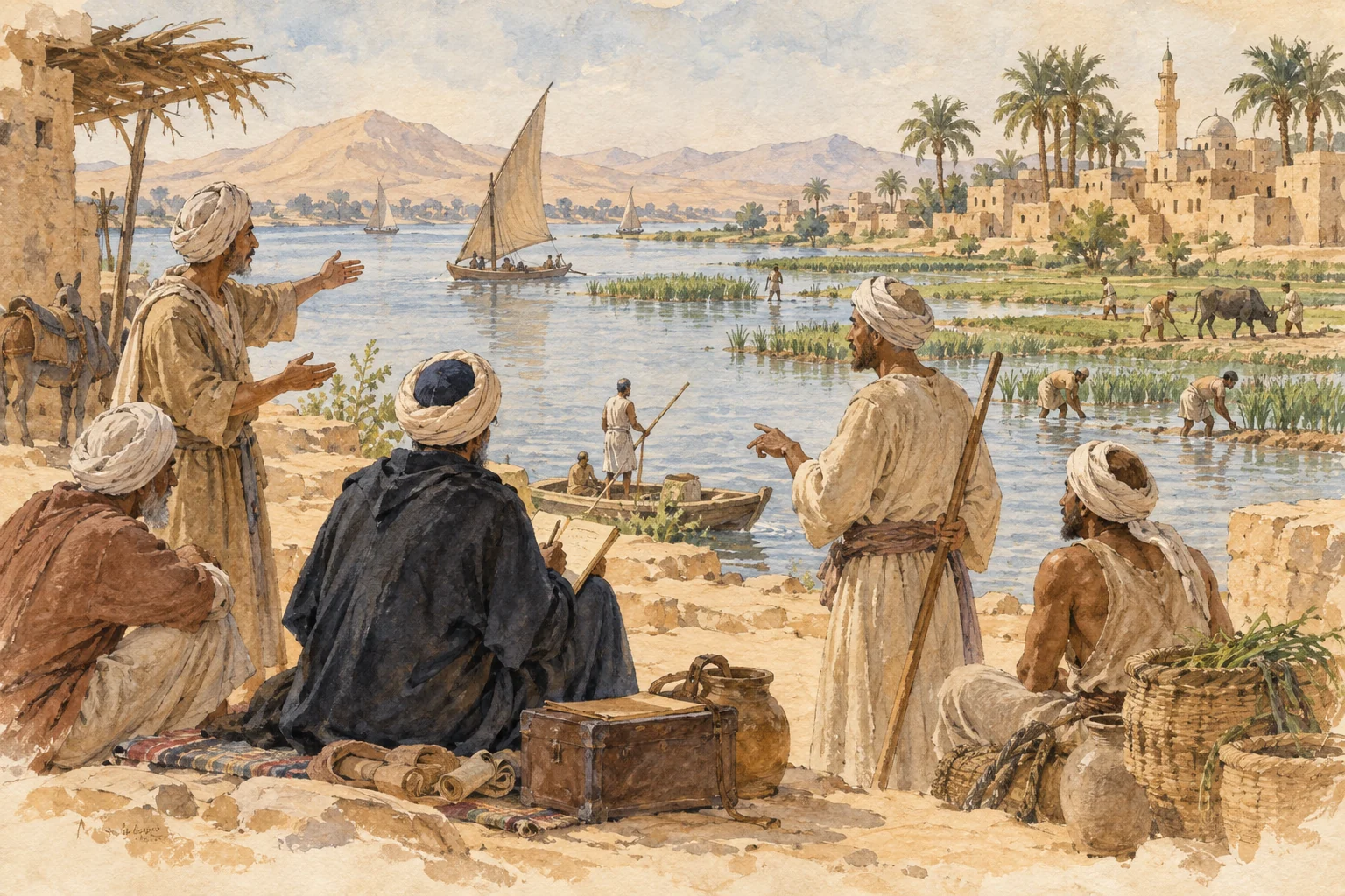 ʿAbd al-Laṭīf al-Baghdādī — Le Nil et les savoirs de ses habitants, aquarelle de reconstitution