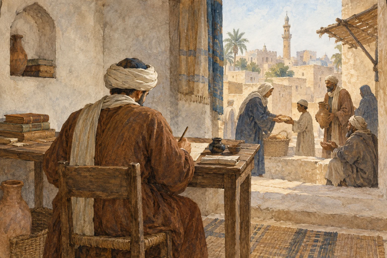 ʿAbd al-Laṭīf al-Baghdādī — Écrire sur l’Égypte et ses épreuves, aquarelle de reconstitution