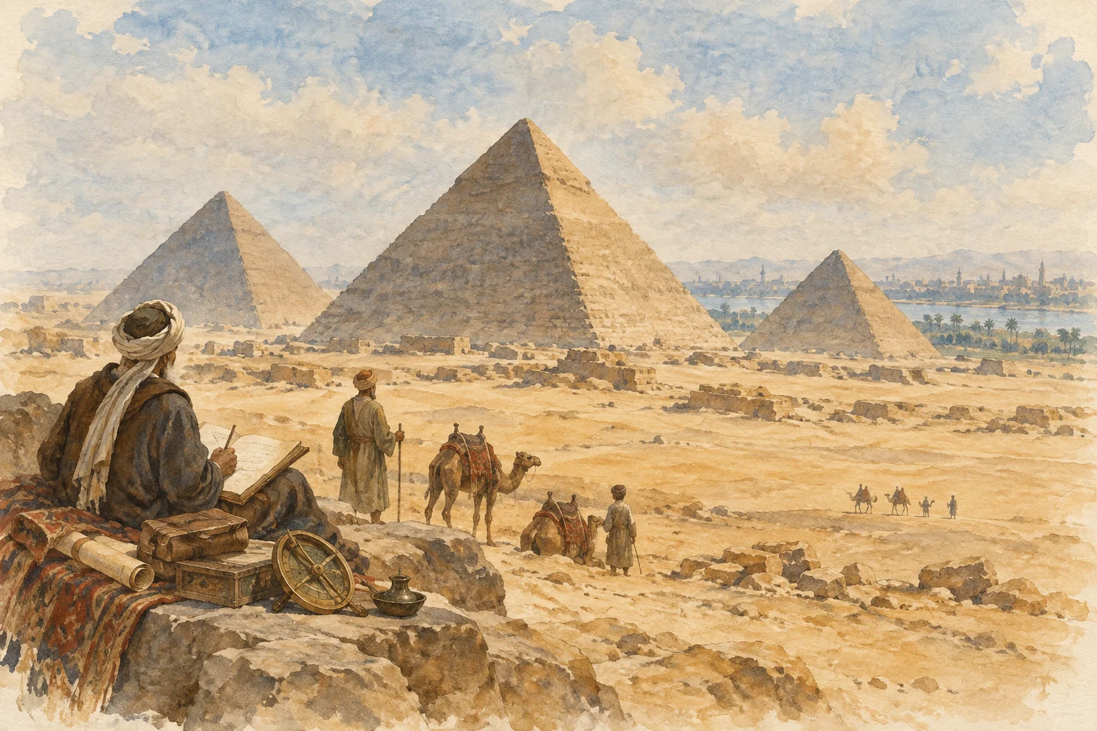 Al-Maqrīzī — La mémoire médiévale des pyramides, aquarelle de reconstitution