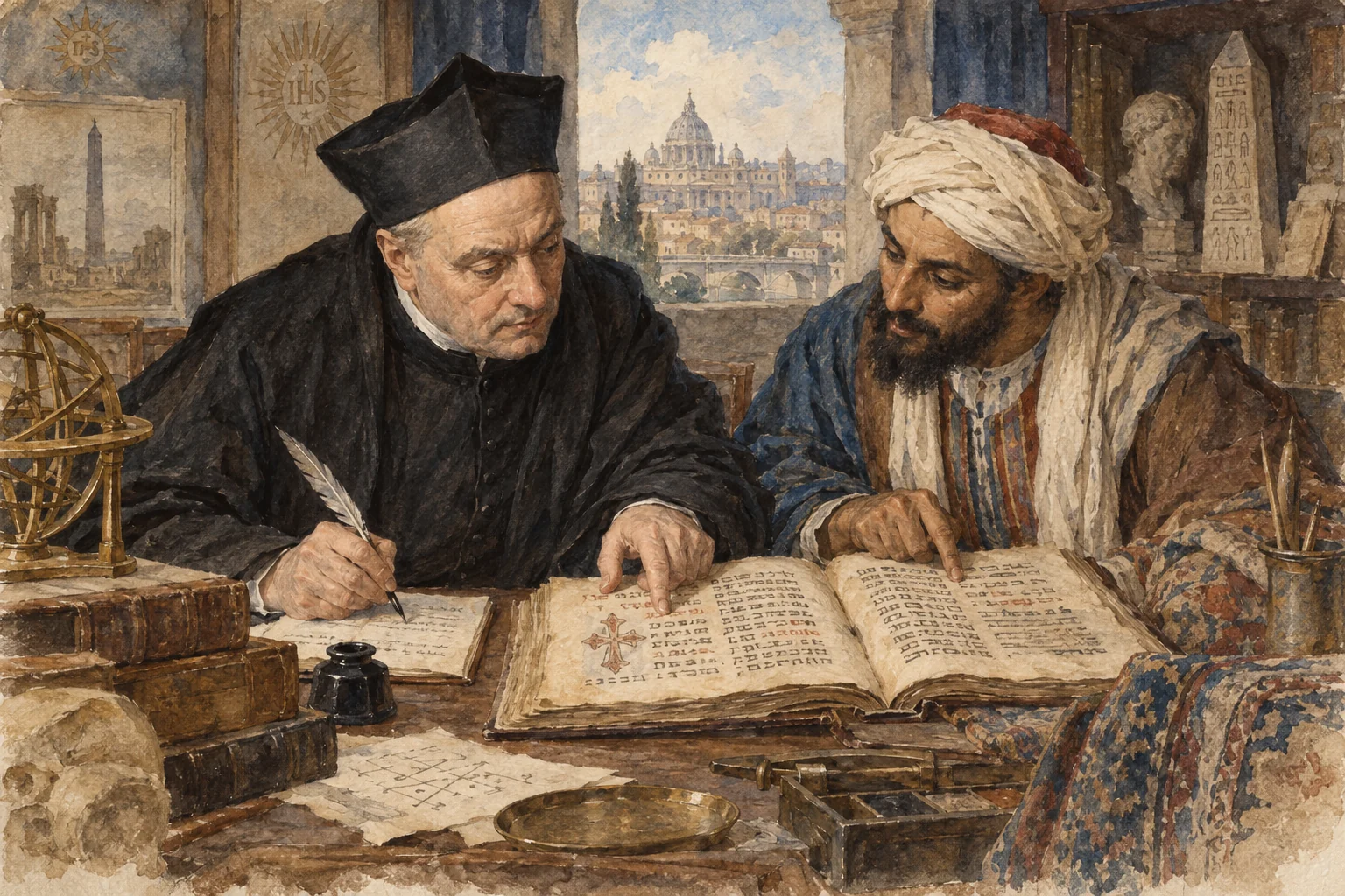 Athanasius Kircher — Étude de manuscrits coptes : scène d'évocation, collaborateurs non identifiés
