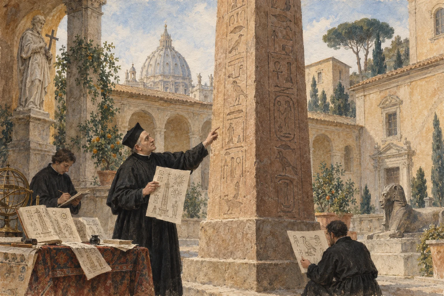 Athanasius Kircher — L'examen des obélisques à Rome, aquarelle de reconstitution