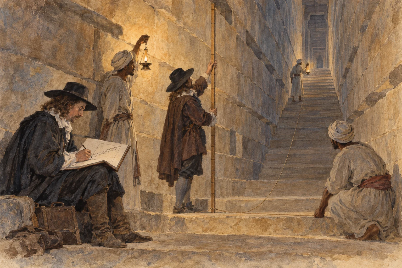 John Greaves — Relevé des passages avec une assistance locale, aquarelle de reconstitution