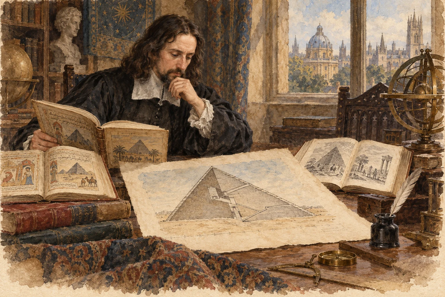John Greaves — Préparation de Pyramidographia, aquarelle de reconstitution