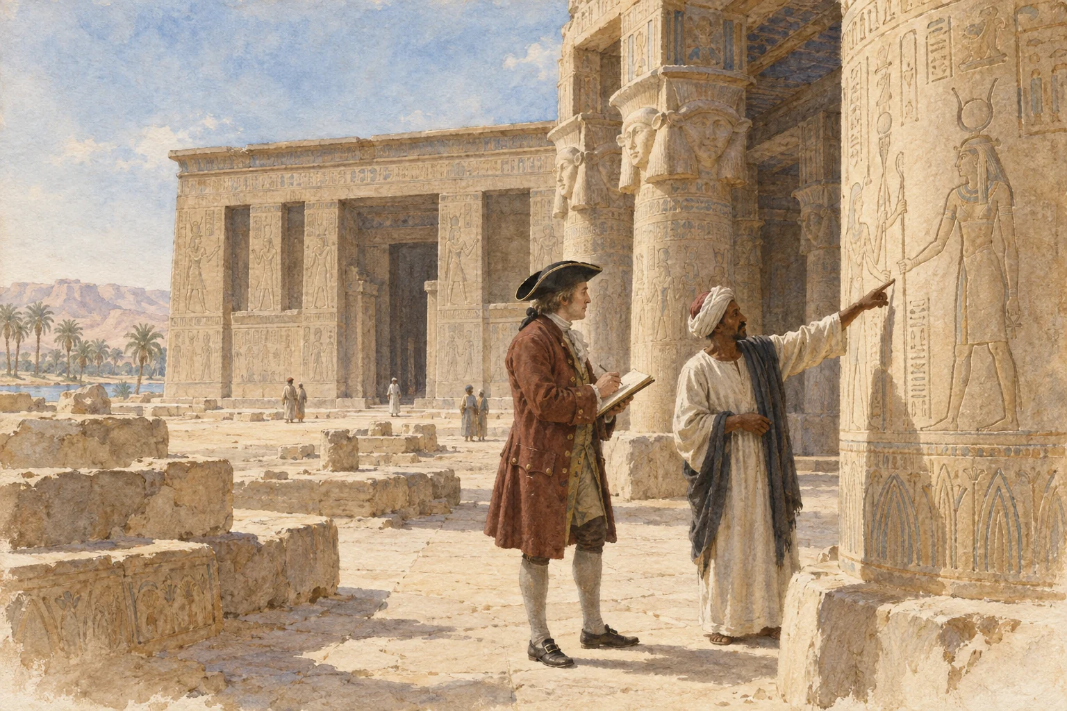 Richard Pococke — Observation du temple de Dendéra, aquarelle de reconstitution