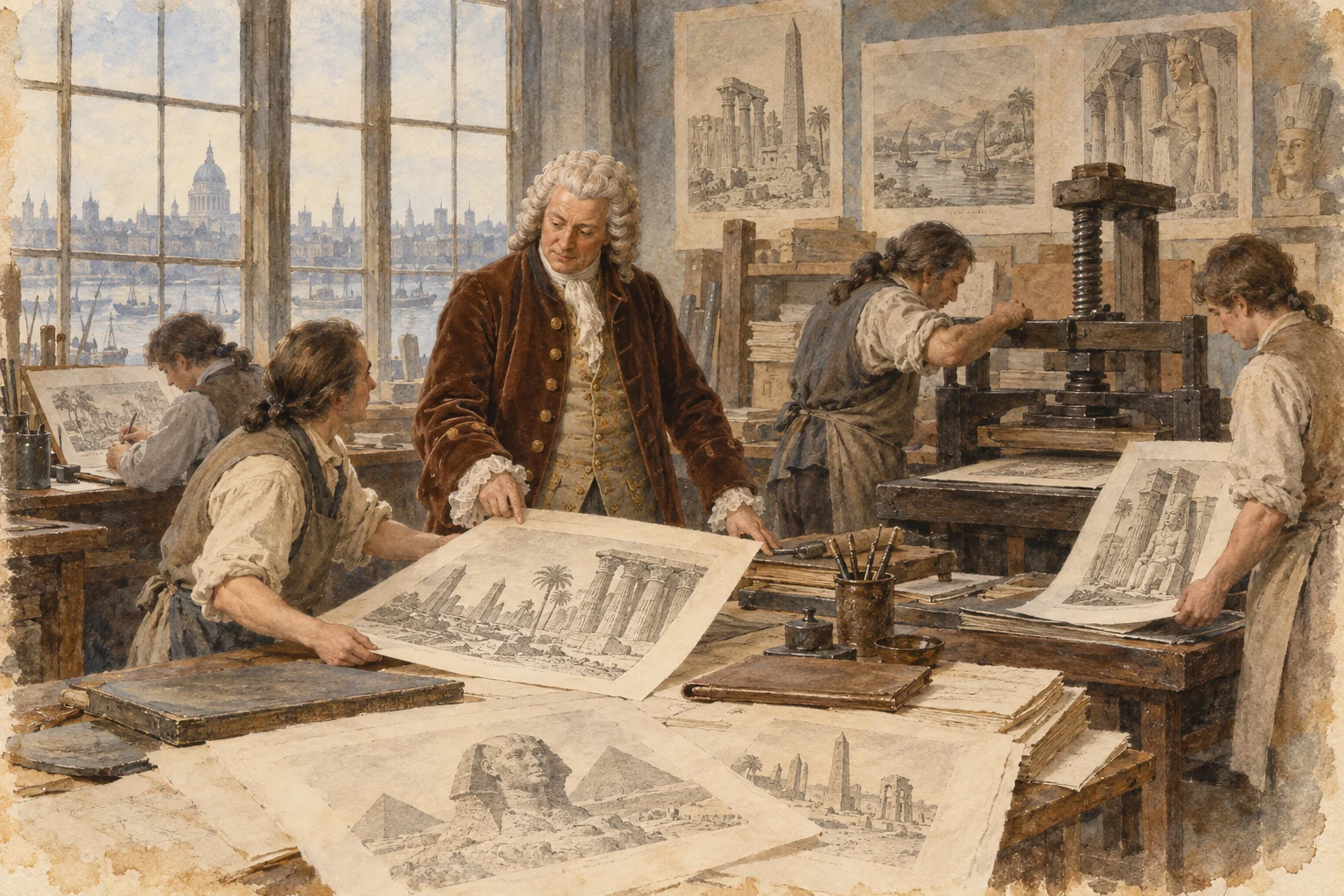 Richard Pococke — Préparation des planches du livre, aquarelle de reconstitution