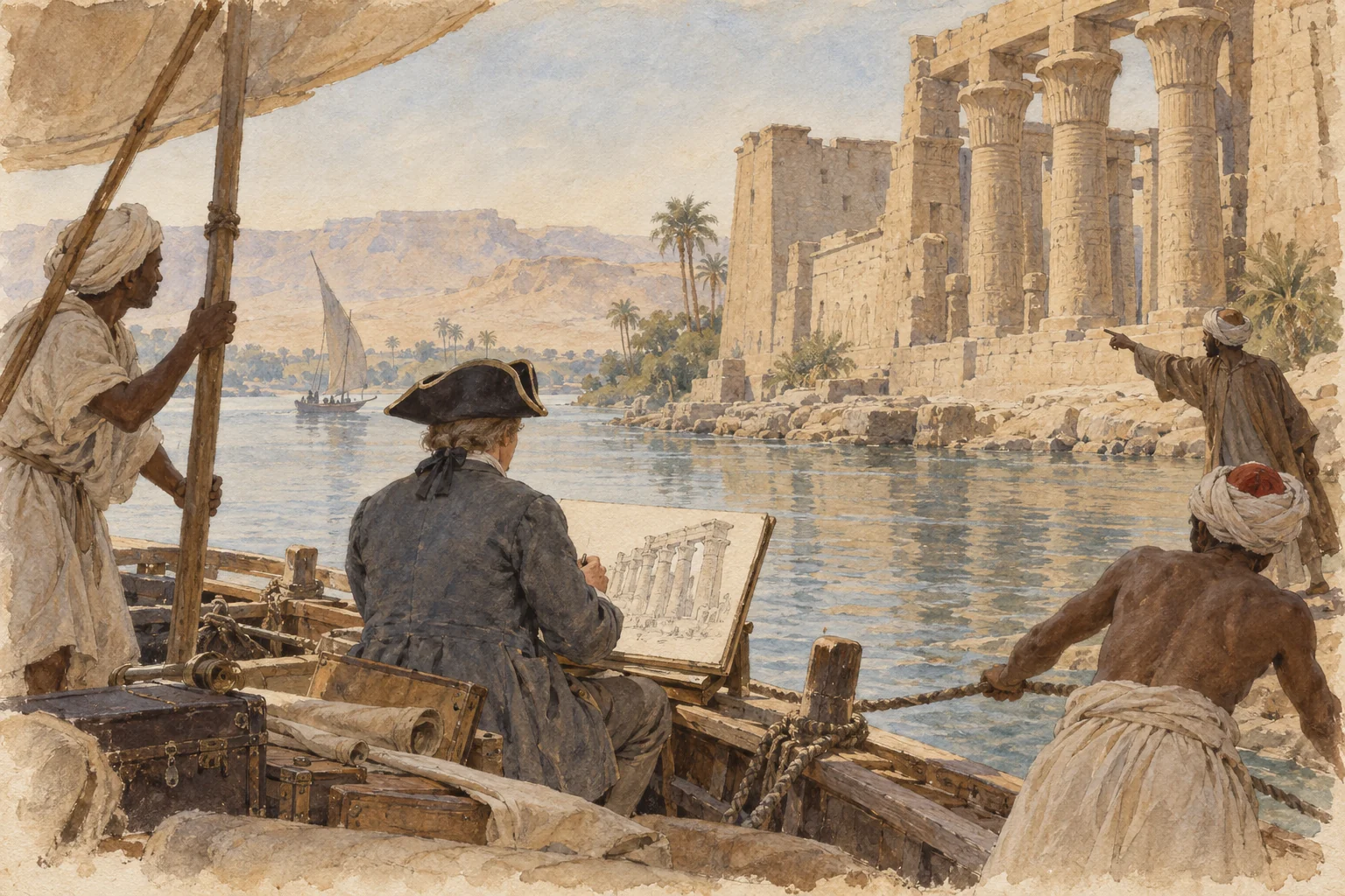 Frederik Ludvig Norden — Observation d'un temple depuis le fleuve, aquarelle de reconstitution