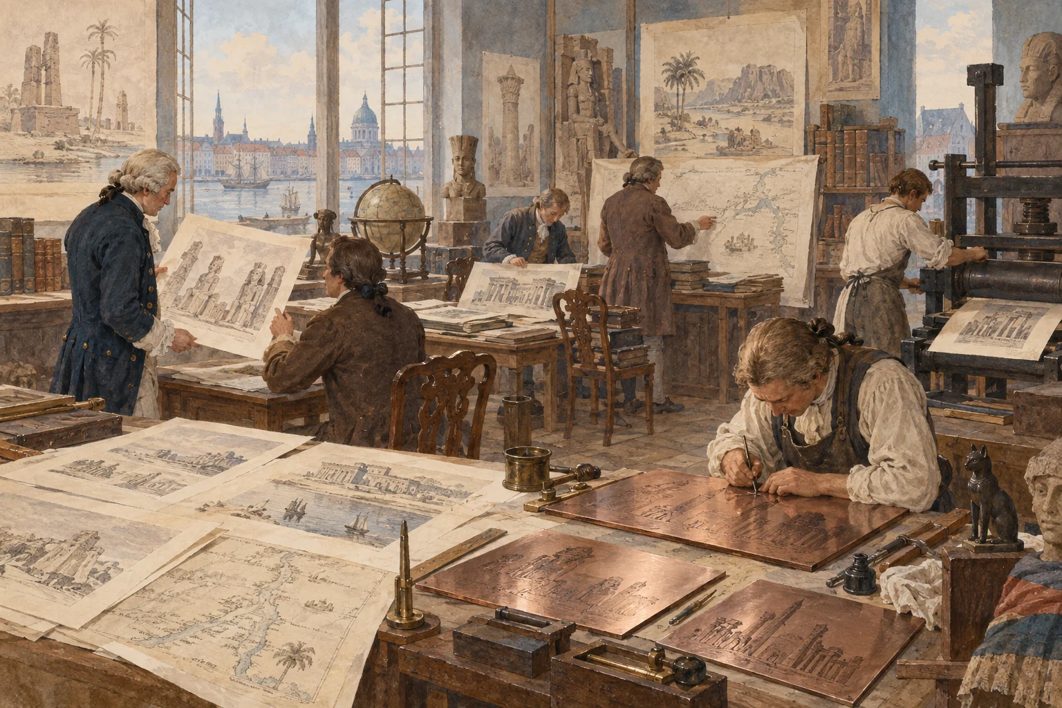 Frederik Ludvig Norden — Préparation posthume des planches, aquarelle de reconstitution
