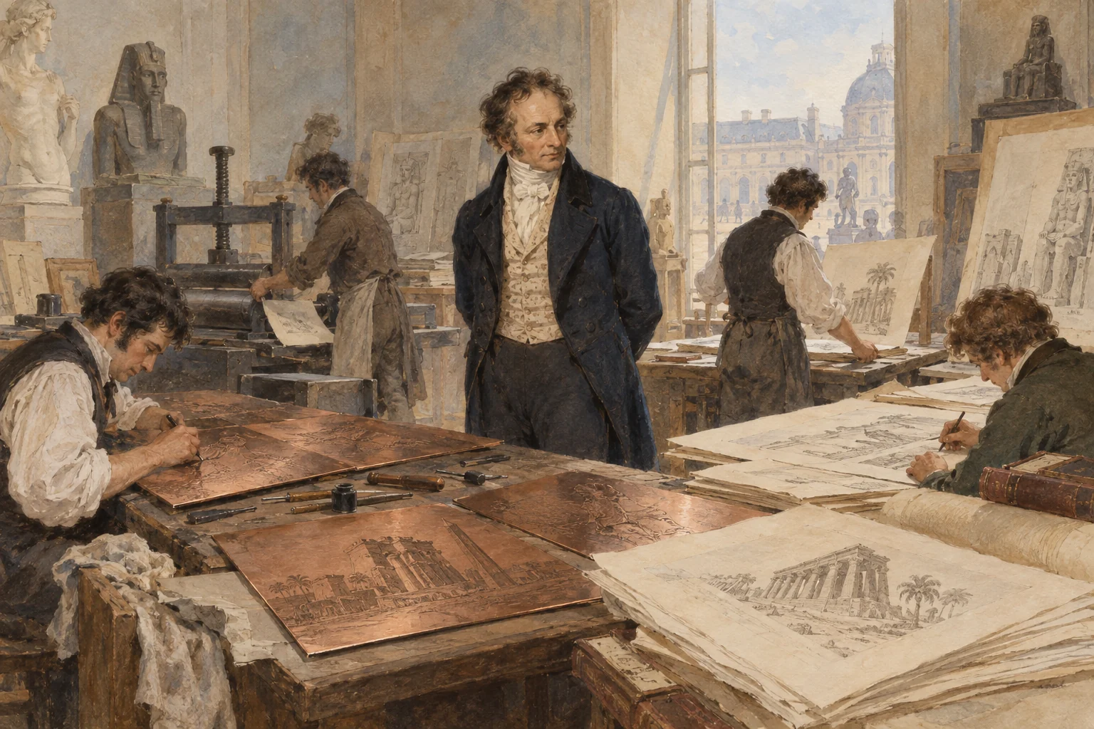 Dominique Vivant Denon — Préparation des planches du Voyage, aquarelle de reconstitution