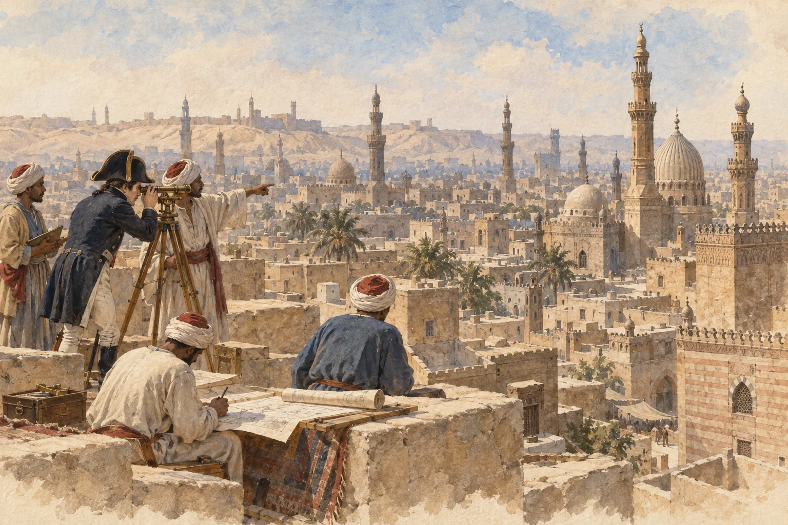Edme-François Jomard — Relevés topographiques au Caire, aquarelle de reconstitution