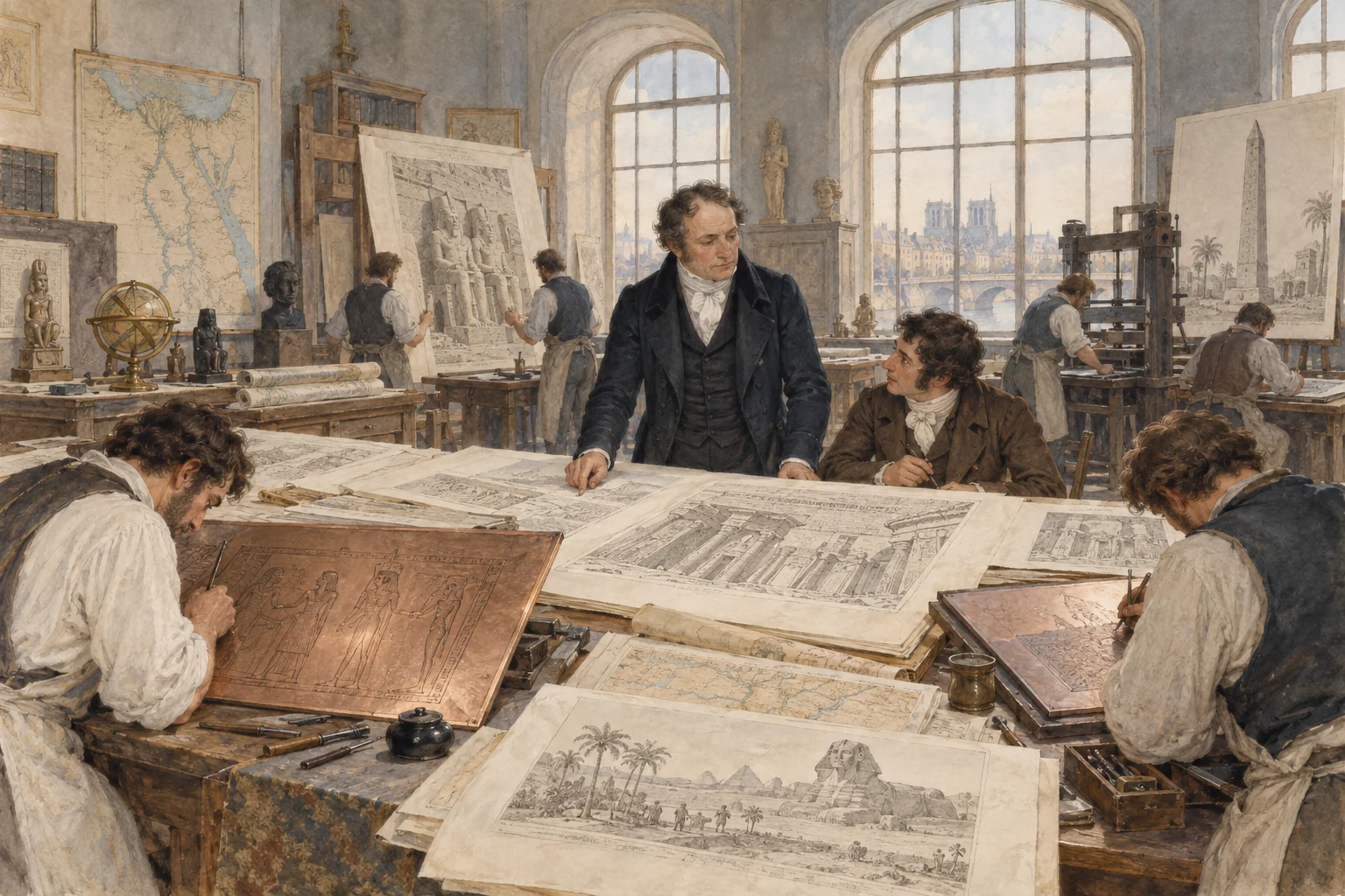 Edme-François Jomard — Édition collective de la Description de l'Égypte, aquarelle de reconstitution