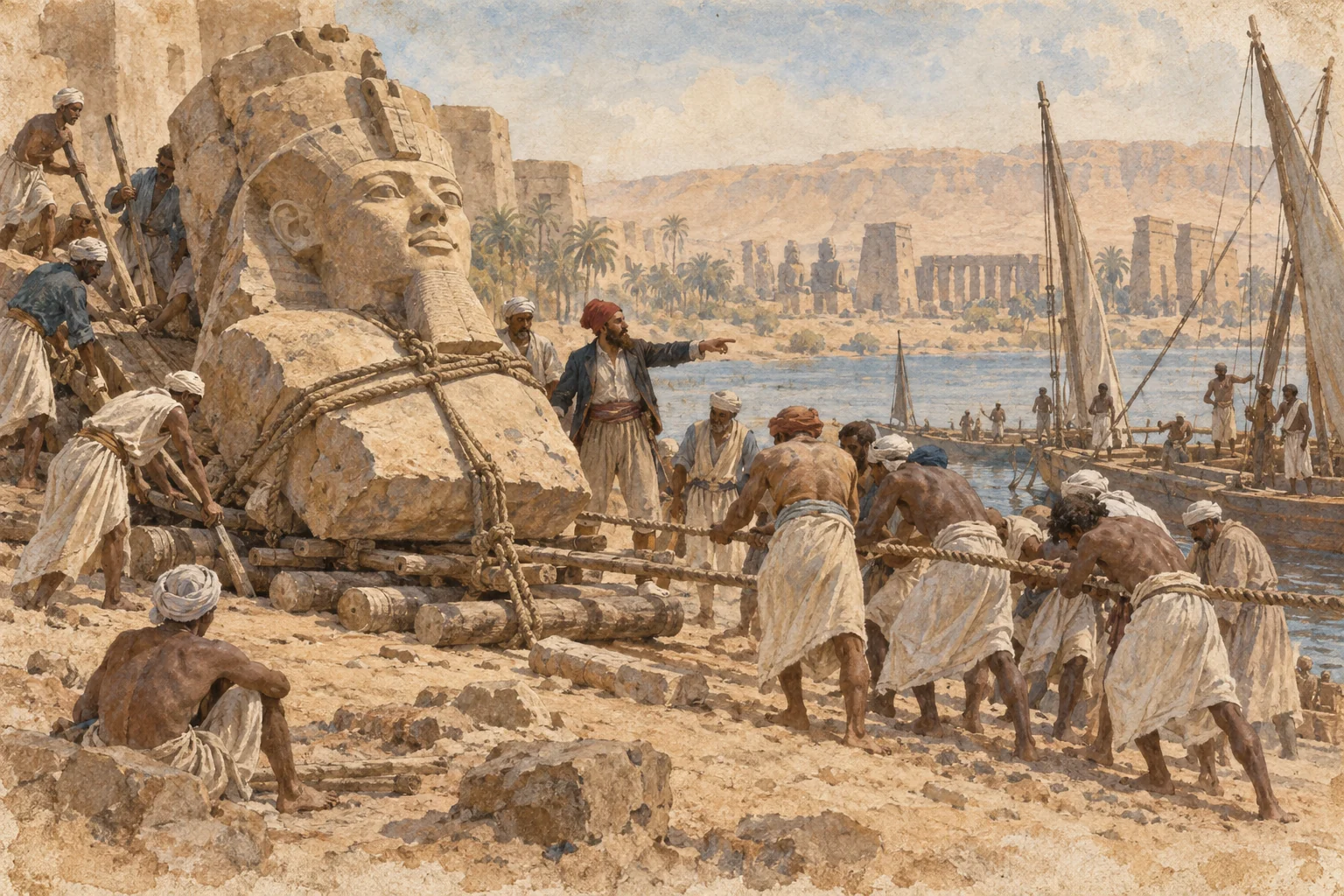 Henry Salt — Transport du buste de Ramsès II par les ouvriers égyptiens, aquarelle de reconstitution