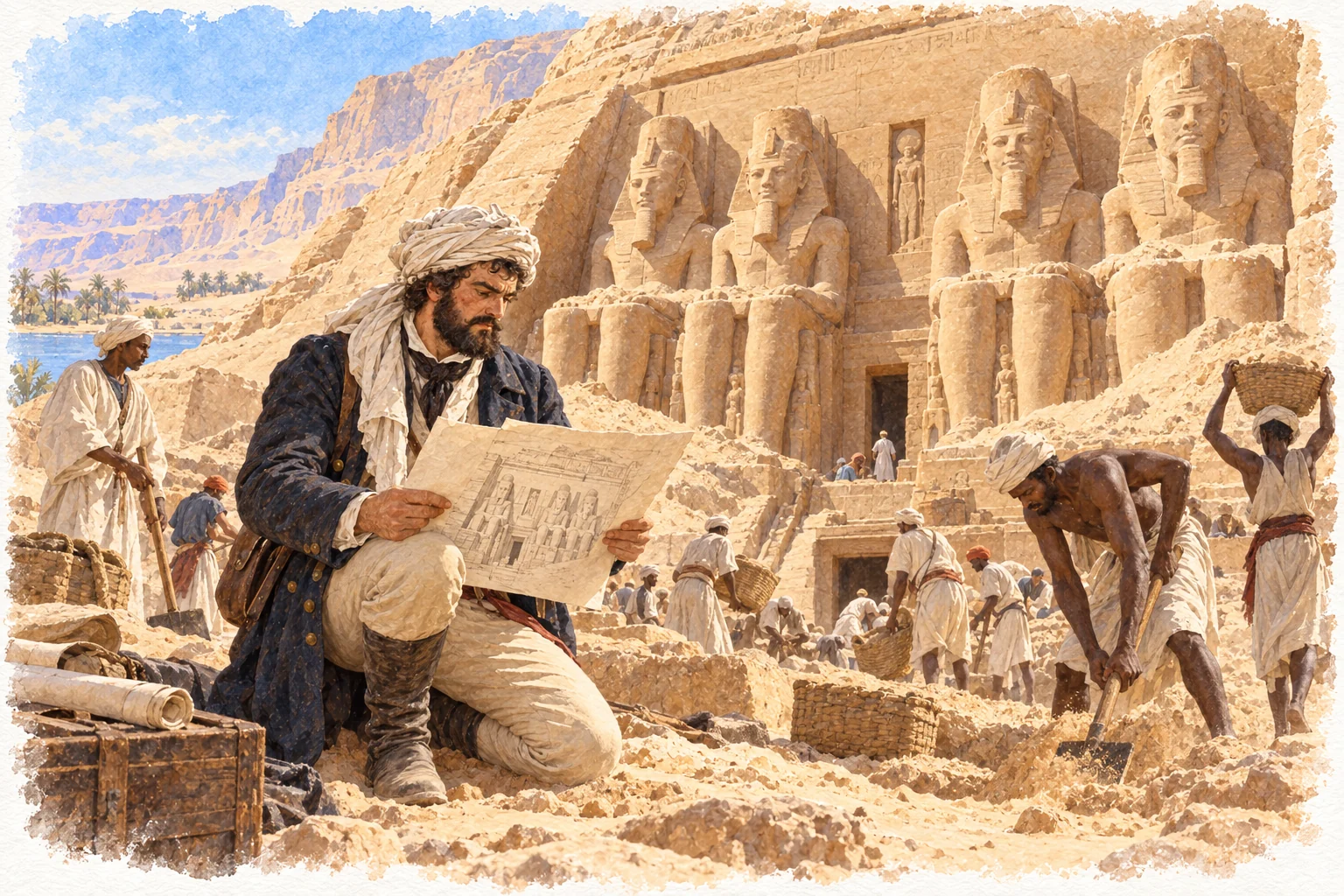 Giovanni Battista Belzoni — Dégagement d'Abou Simbel, aquarelle de reconstitution