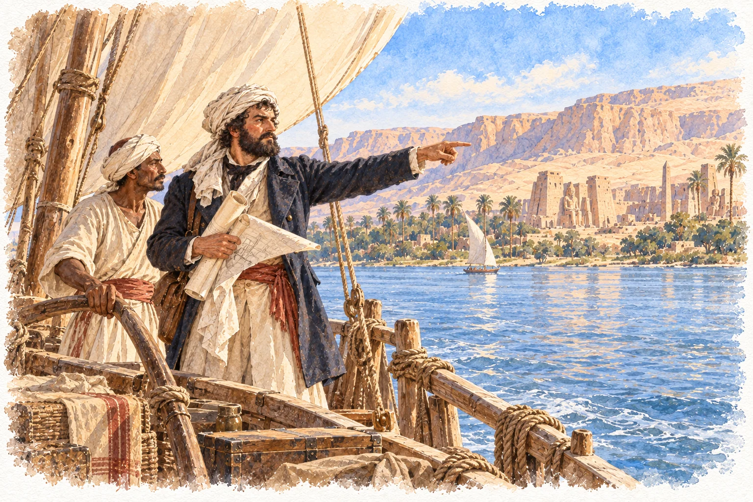 Giovanni Battista Belzoni — Parcours sur le Nil, aquarelle de reconstitution
