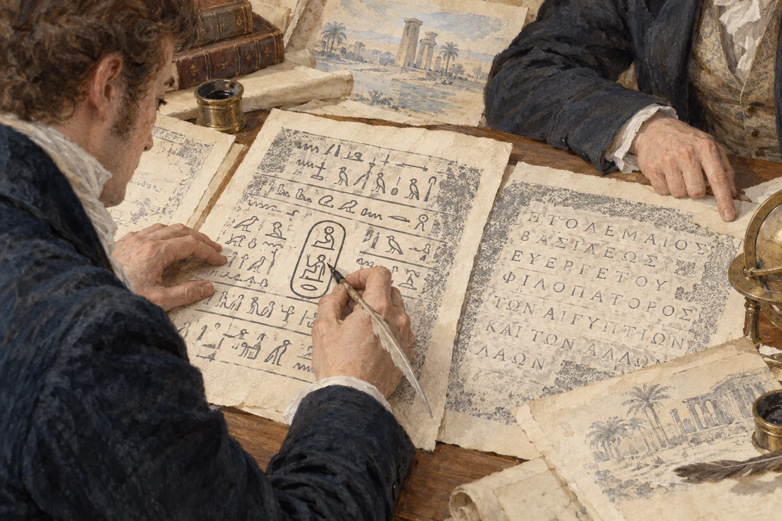 Thomas Young — Comparaison de fac-similés hiéroglyphiques et grecs, aquarelle de reconstitution
