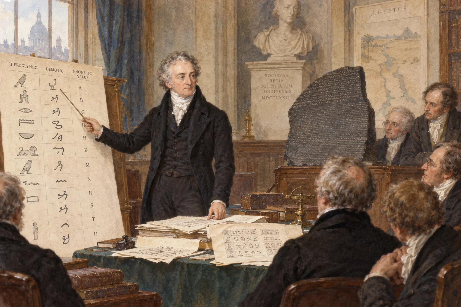 Thomas Young — Présentation évocatrice des premiers tableaux de signes, aquarelle de reconstitution