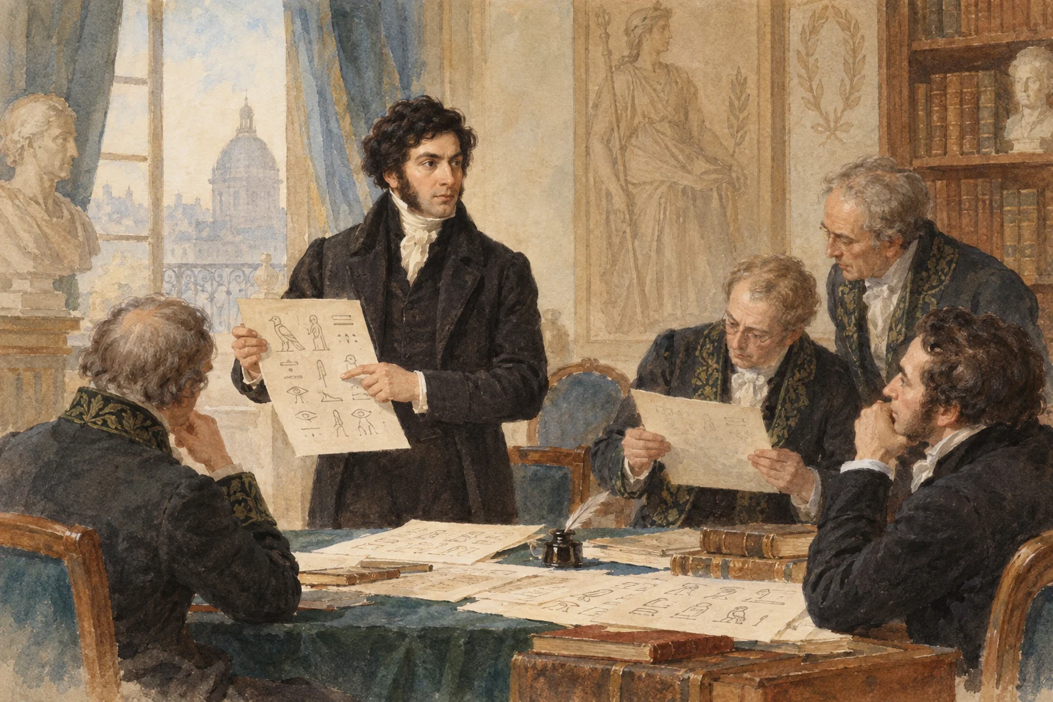 Jean-François Champollion — Présentation des valeurs phonétiques, aquarelle de reconstitution