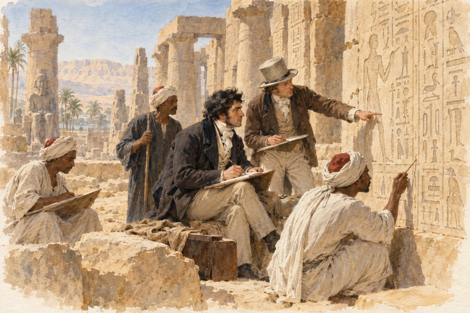 Jean-François Champollion — Relevés en Égypte avec Rosellini et des aides locaux, aquarelle de reconstitution