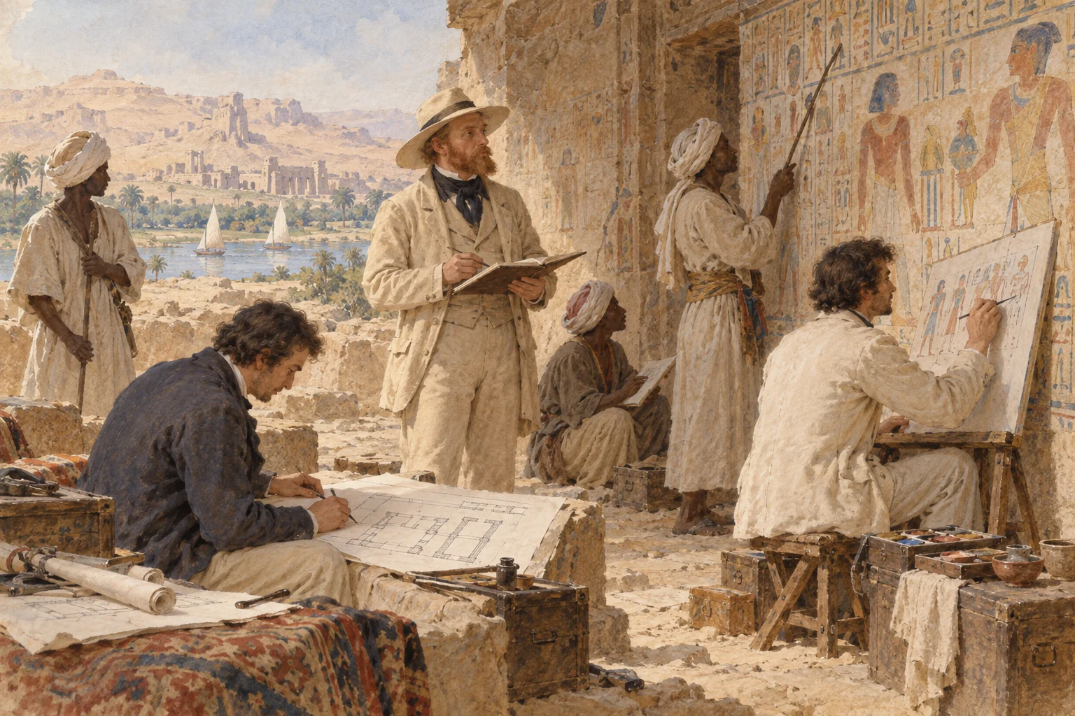 Ippolito Rosellini — Relevés collectifs des scènes et des plans, aquarelle de reconstitution