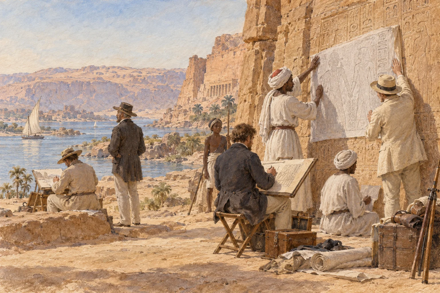 Karl Richard Lepsius — Relevés collectifs en Nubie, aquarelle de reconstitution