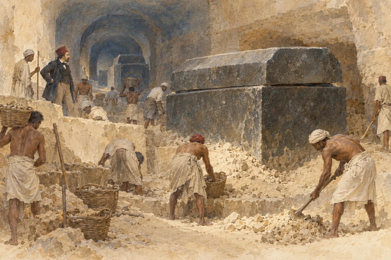 Auguste Mariette — Dégagement du Sérapéum par les ouvriers égyptiens, aquarelle de reconstitution