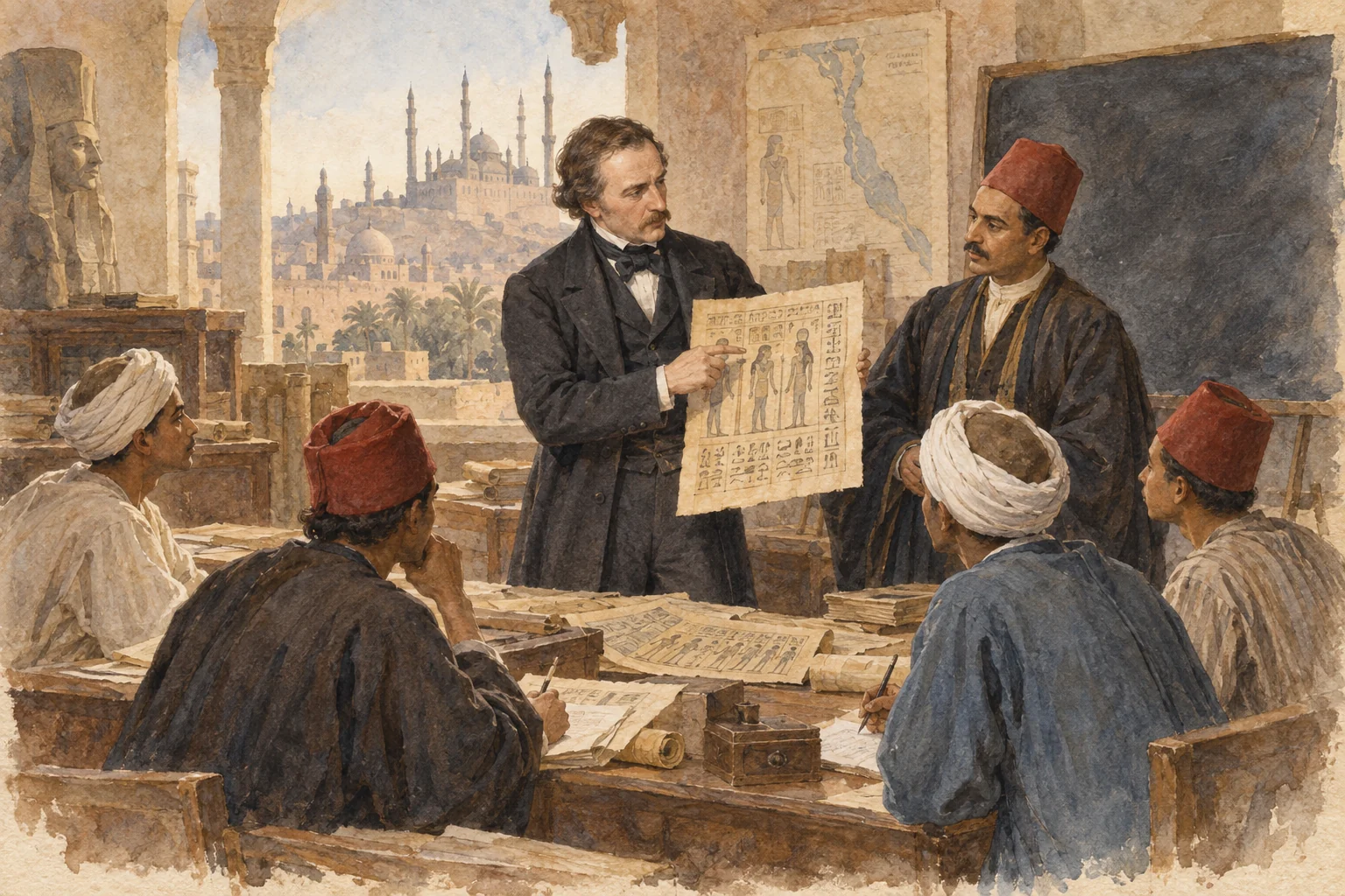 Heinrich Brugsch — Enseignement de l'égyptologie au Caire, aquarelle de reconstitution