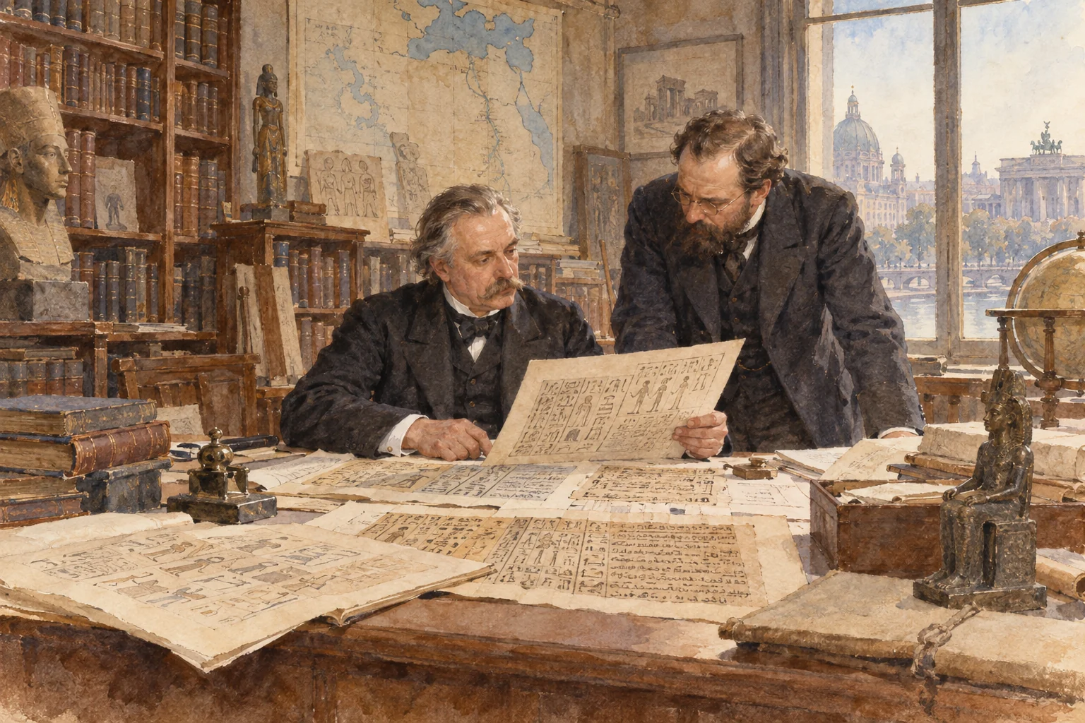 Heinrich Brugsch — Travail lexicographique à Berlin, aquarelle de reconstitution
