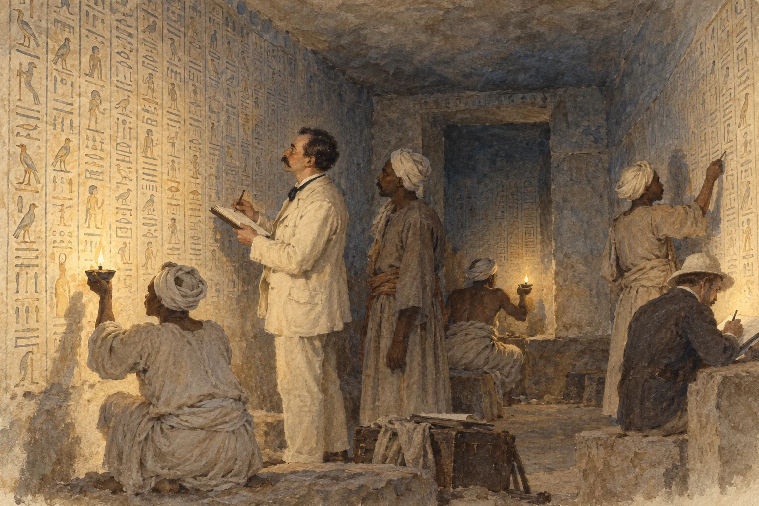 Gaston Maspero — Copie des Textes des pyramides, aquarelle de reconstitution