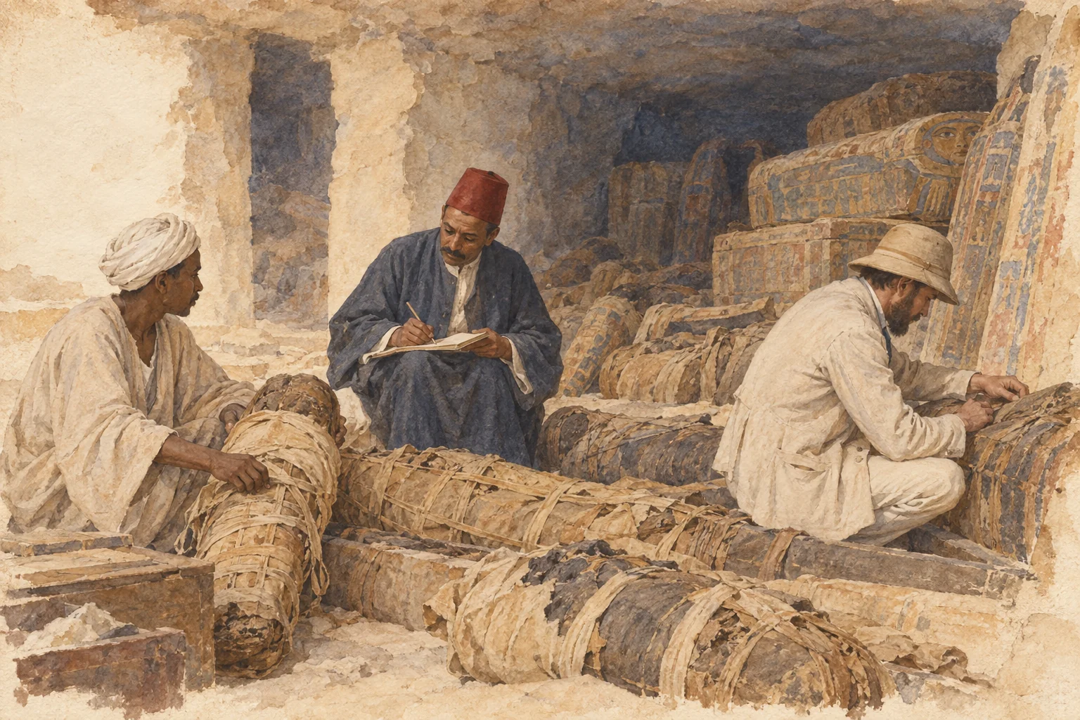 Gaston Maspero — La cache royale : évocation des acteurs présents, sans Maspero, aquarelle de reconstitution
