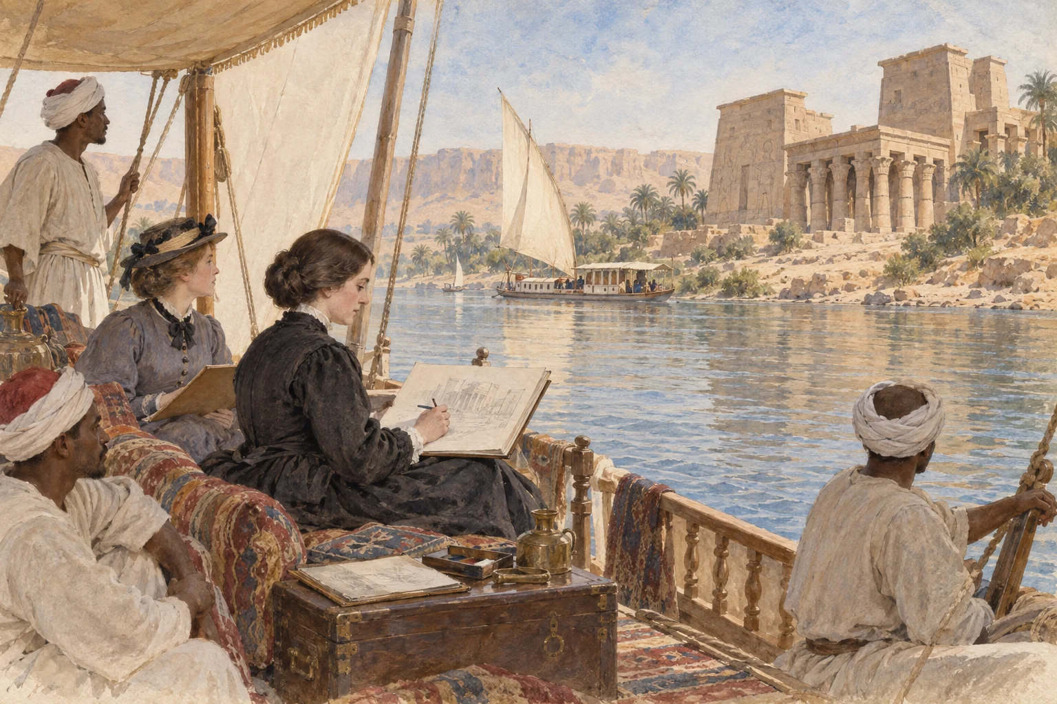 Amelia Edwards — Le voyage sur le Nil, avec Lucy Renshaw et l'équipage égyptien, aquarelle de reconstitution