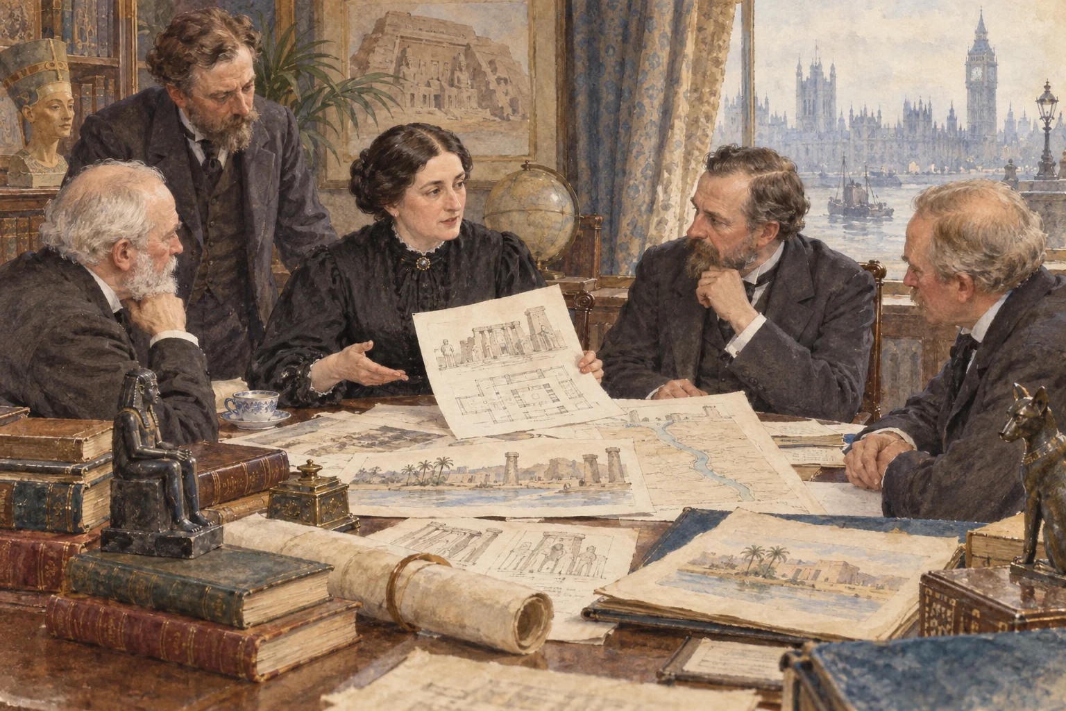 Amelia Edwards — Le travail de mobilisation autour de l'Egypt Exploration Fund, aquarelle de reconstitution