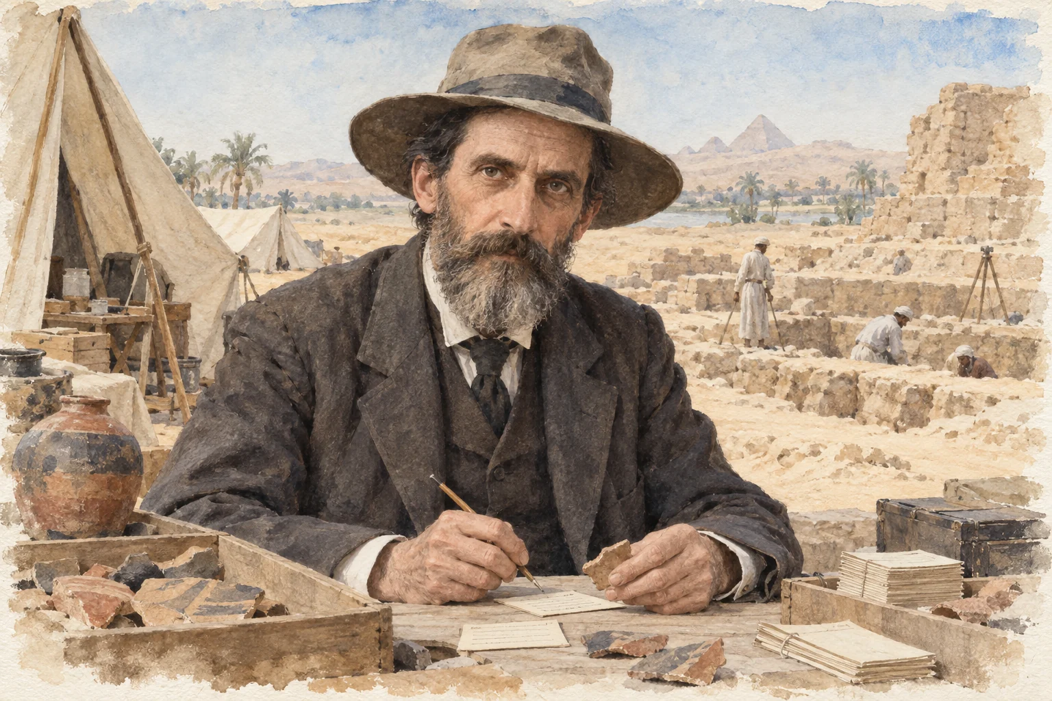 Flinders Petrie — Flinders Petrie au travail, aquarelle de reconstitution
