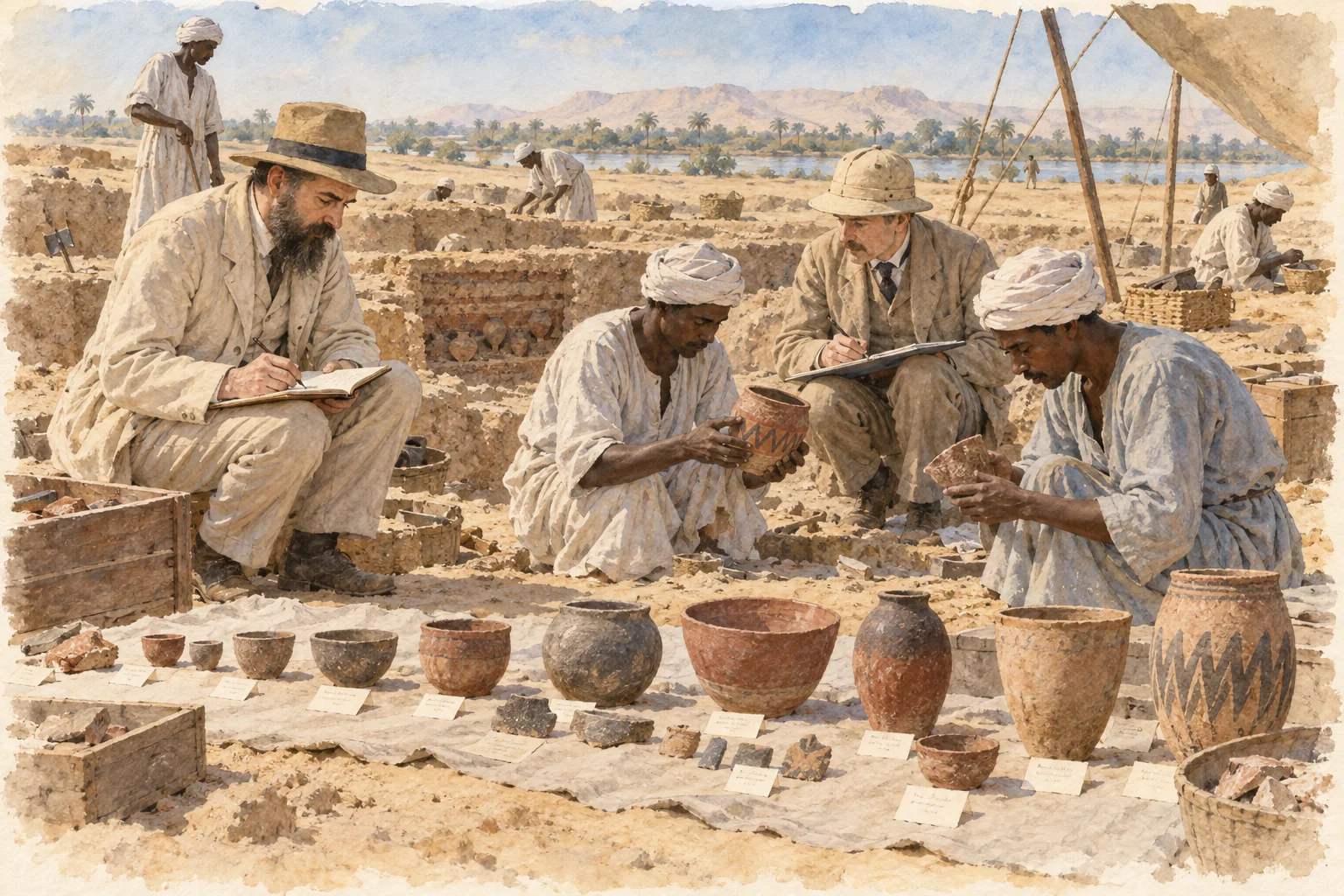 Flinders Petrie — Examen des céramiques de Naqada avec l'équipe égyptienne, aquarelle de reconstitution