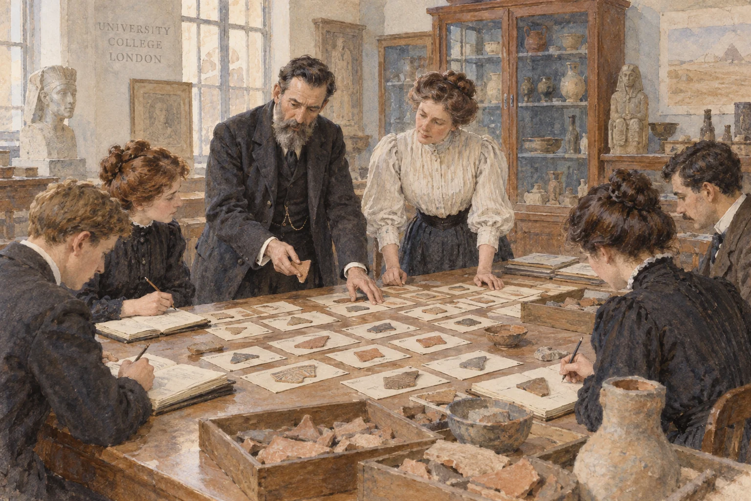 Flinders Petrie — Travail et enseignement avec Hilda Petrie à Londres, aquarelle de reconstitution