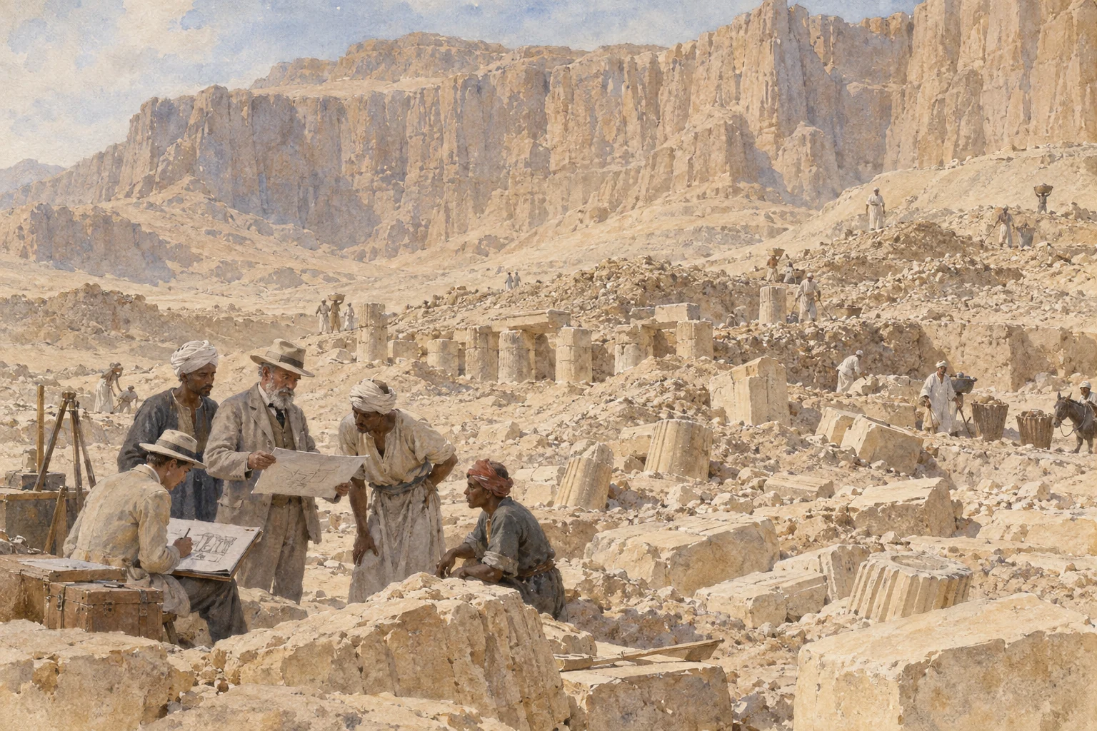 Édouard Naville — Le chantier de Deir el-Bahari avant les restaurations modernes, aquarelle de reconstitution