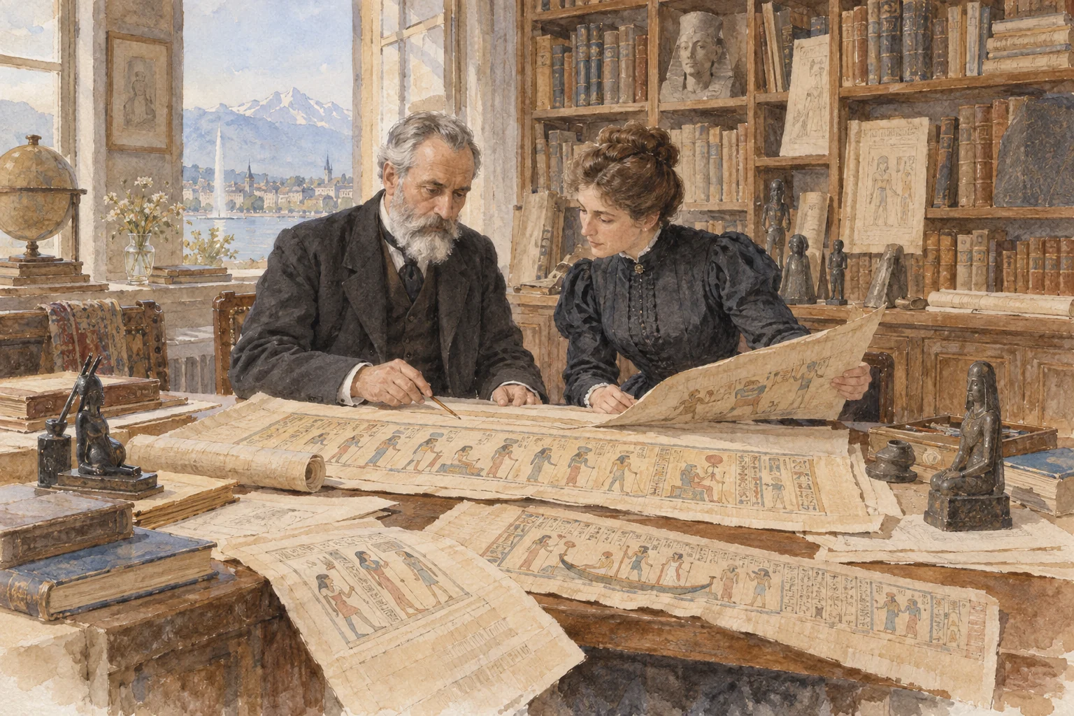 Édouard Naville — Travail d'édition avec Marguerite Naville à Genève, aquarelle de reconstitution