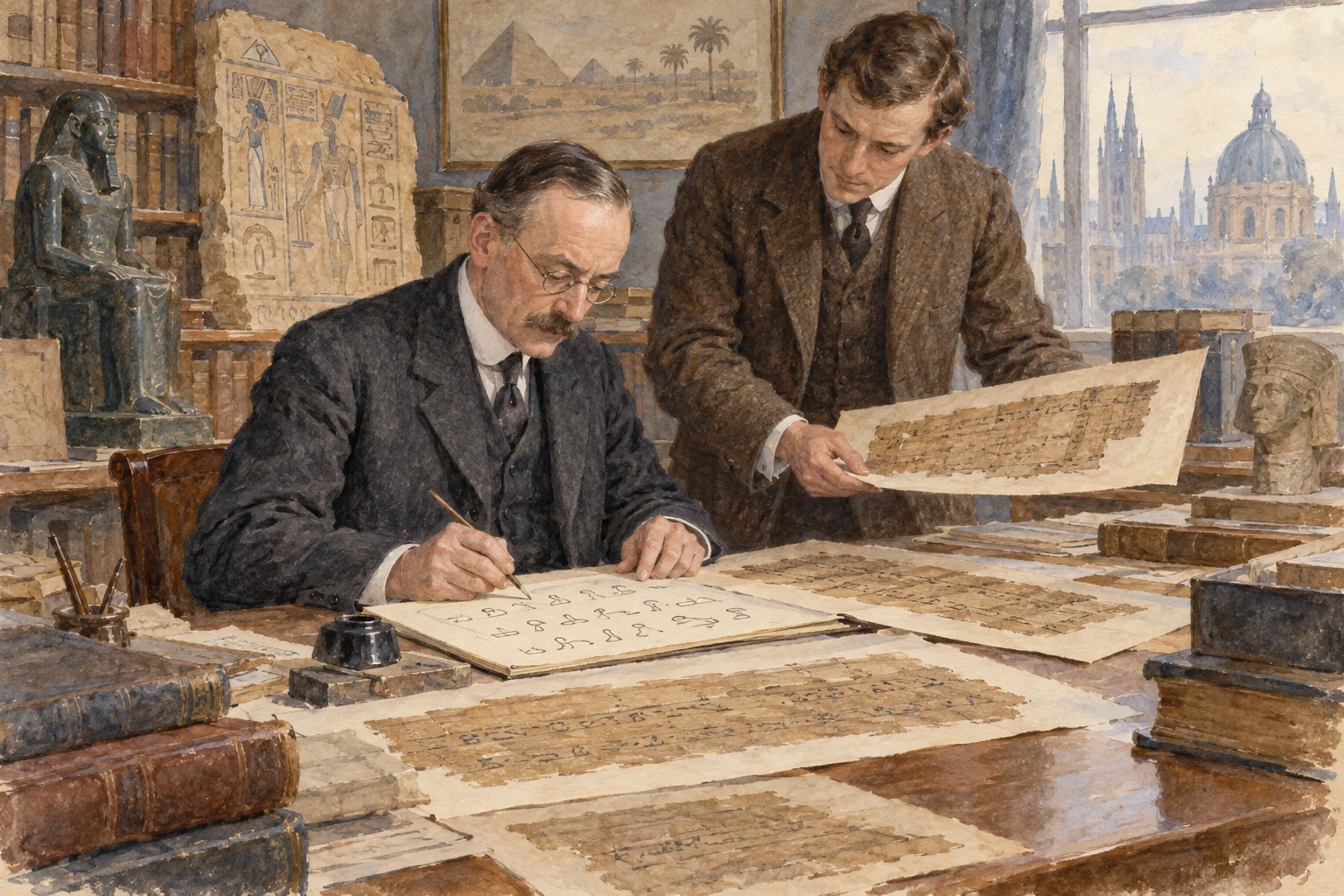 Francis Llewellyn Griffith — Comparaison de papyrus démotiques, aquarelle de reconstitution